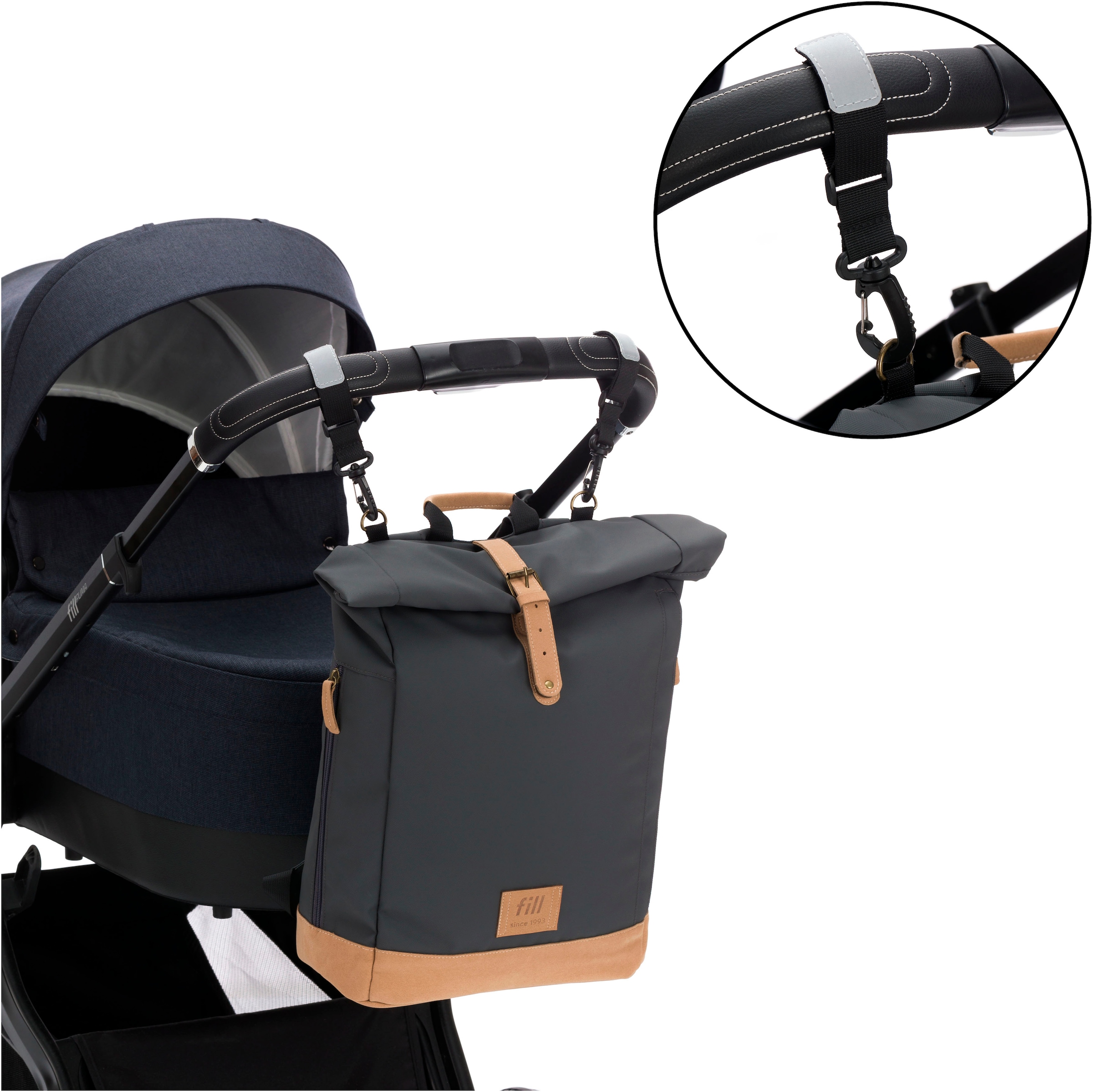 Fillikid Wickelrucksack »Rolltop Berlin stone grey«, Reflektoren, inkl. Wickeltunterlage