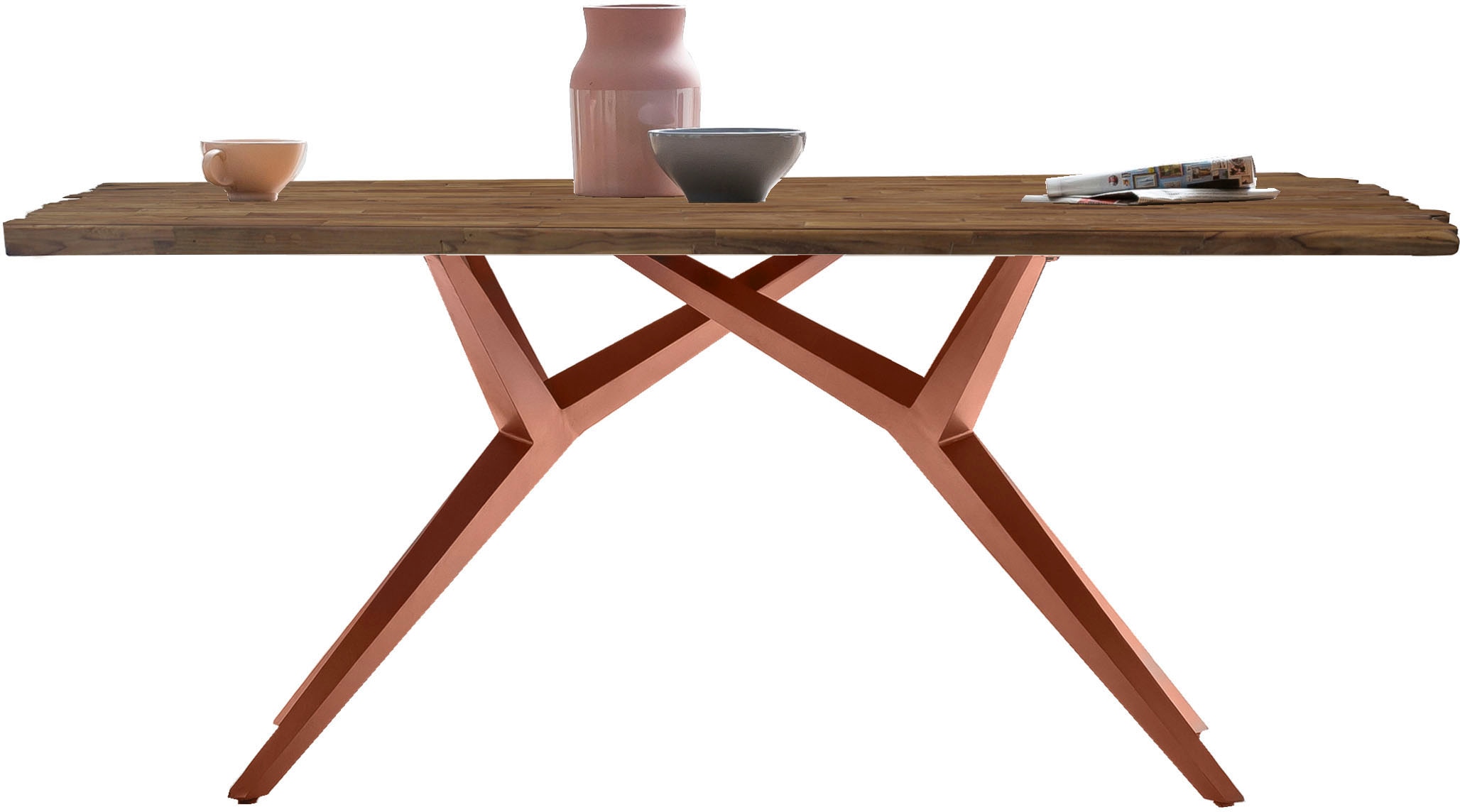 SIT Esstisch "Leiria aus Teak mit 50-mm-Platte & extravagantem Metallgestell" 50-mm-Teakplatte mit markanter Bruchkante an den kurzen Seiten