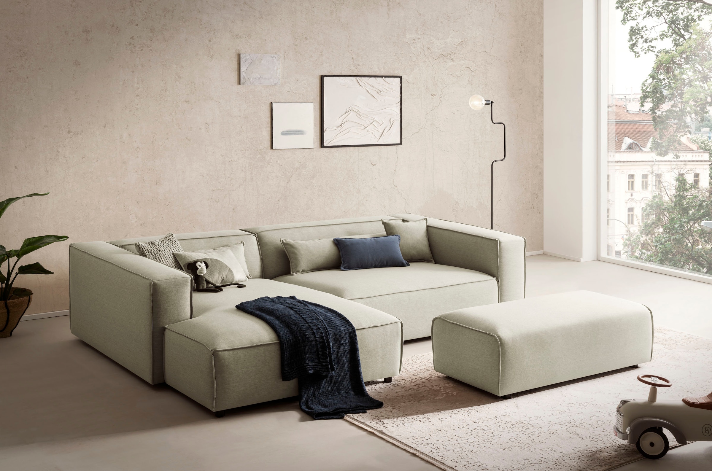 LeGer Home by Lena Gercke Ecksofa "PIARA XXL Struktur u. Leinenoptik, L-Form, Schlaffunktion" Hocker stellbar zum Schlafsofa (Krokodilverbinder), tiefe Sitzfläche