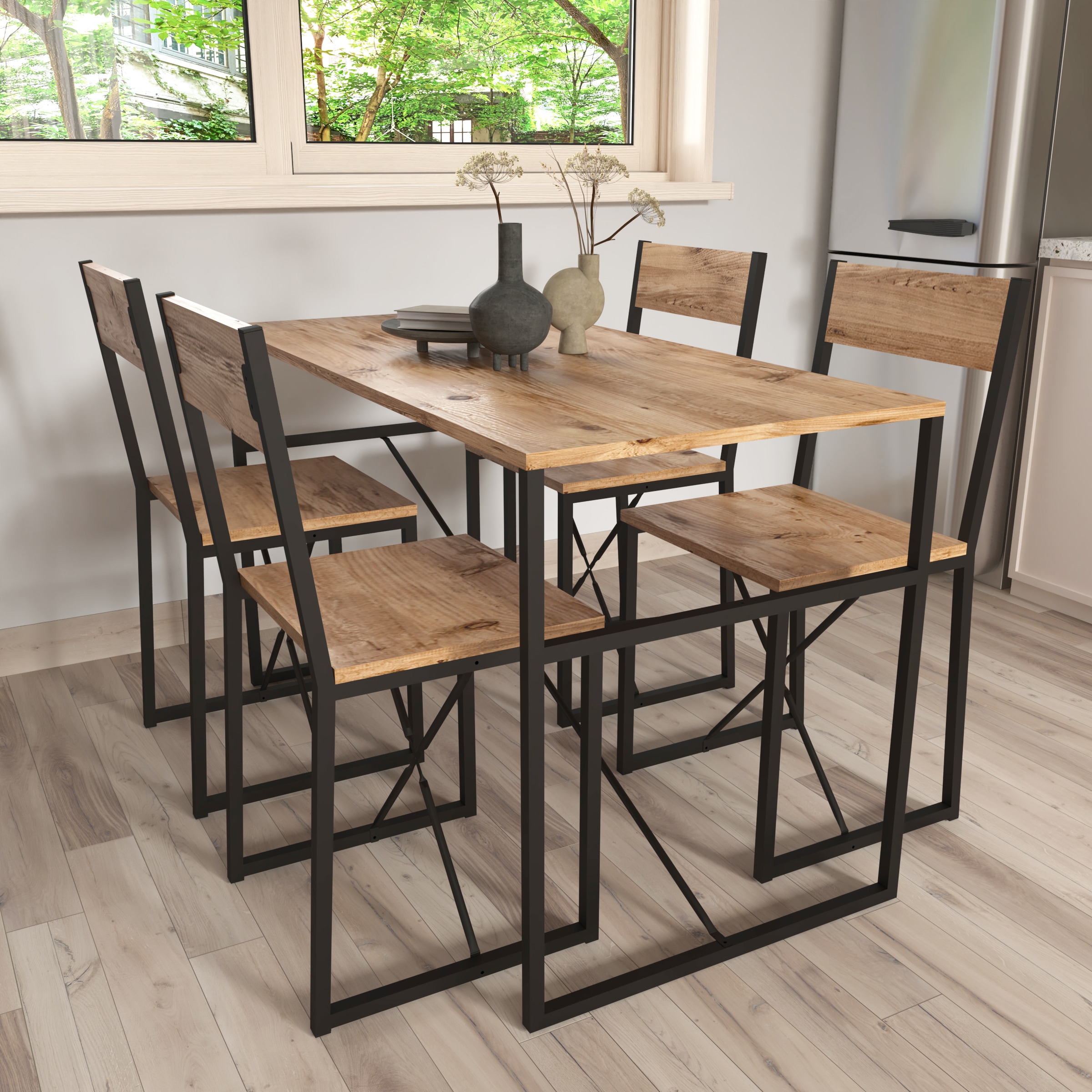 VCM Essgruppe »VCM 5-tlg. Holz Metall Essgruppe Küchentisch Esstisch Set Tischgruppe Tisch Stühle Insasi L«, (5 tlg., Insasi)