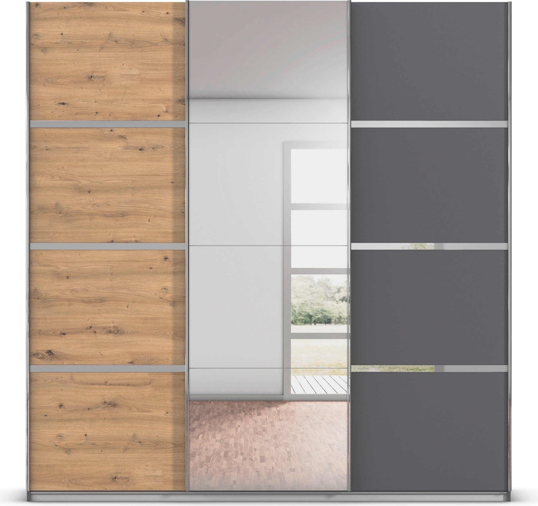 rauch Kleiderschrank »Schwebetürenschrank Garderobe Schrank TOP ANGEBOT Avola«, (in 3 verschiedenen Ausstattungen BASIC/CLASSIC/PREMIUM inkl. Spiegel), mit eleganten Zierleisten in Chrom, Schwarz oder Weiß MADE IN GERMANY