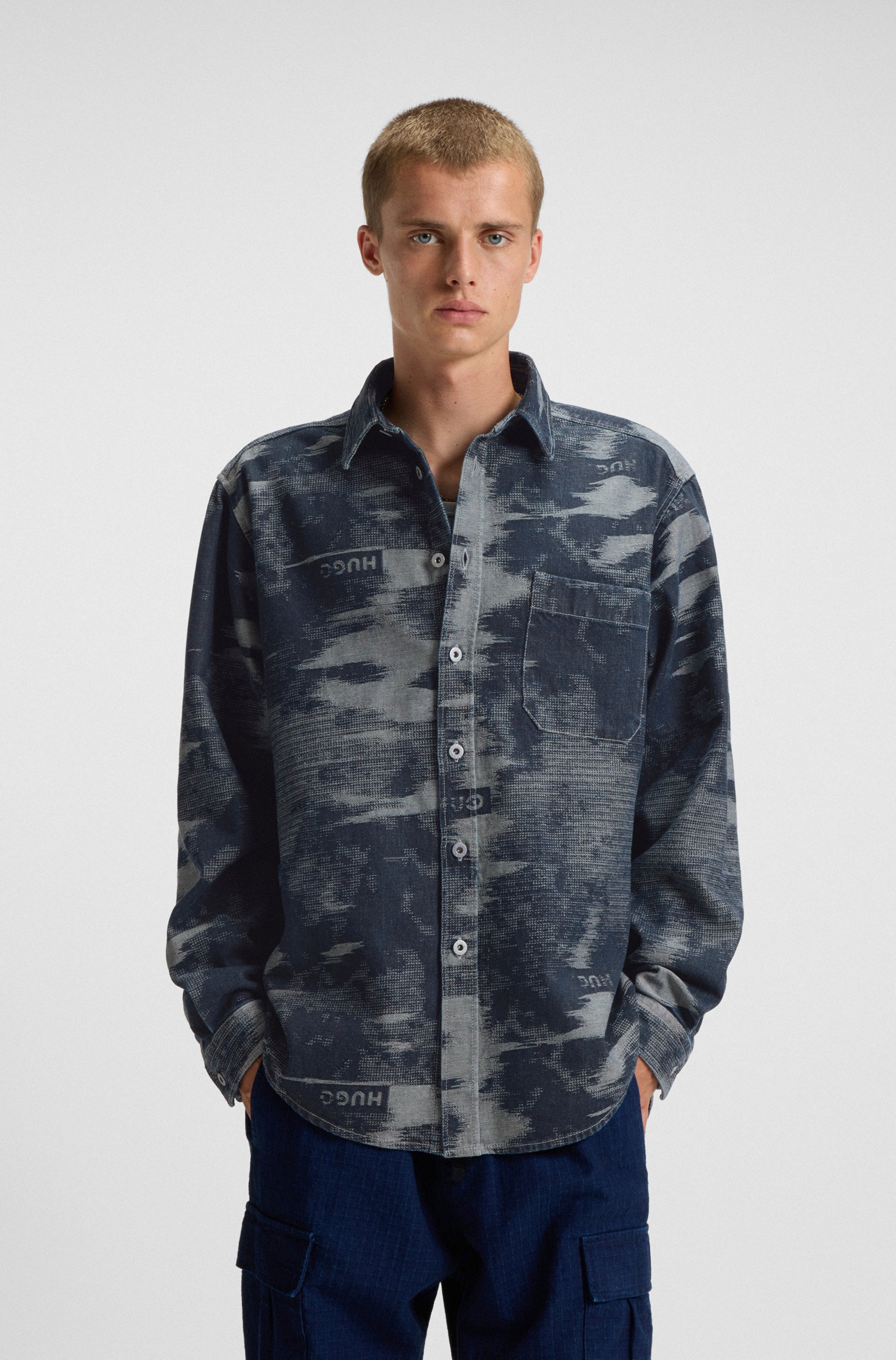 HUGO Langarmhemd "Ebalto" Kentkragen, oversize fit, Jacquard-Muster