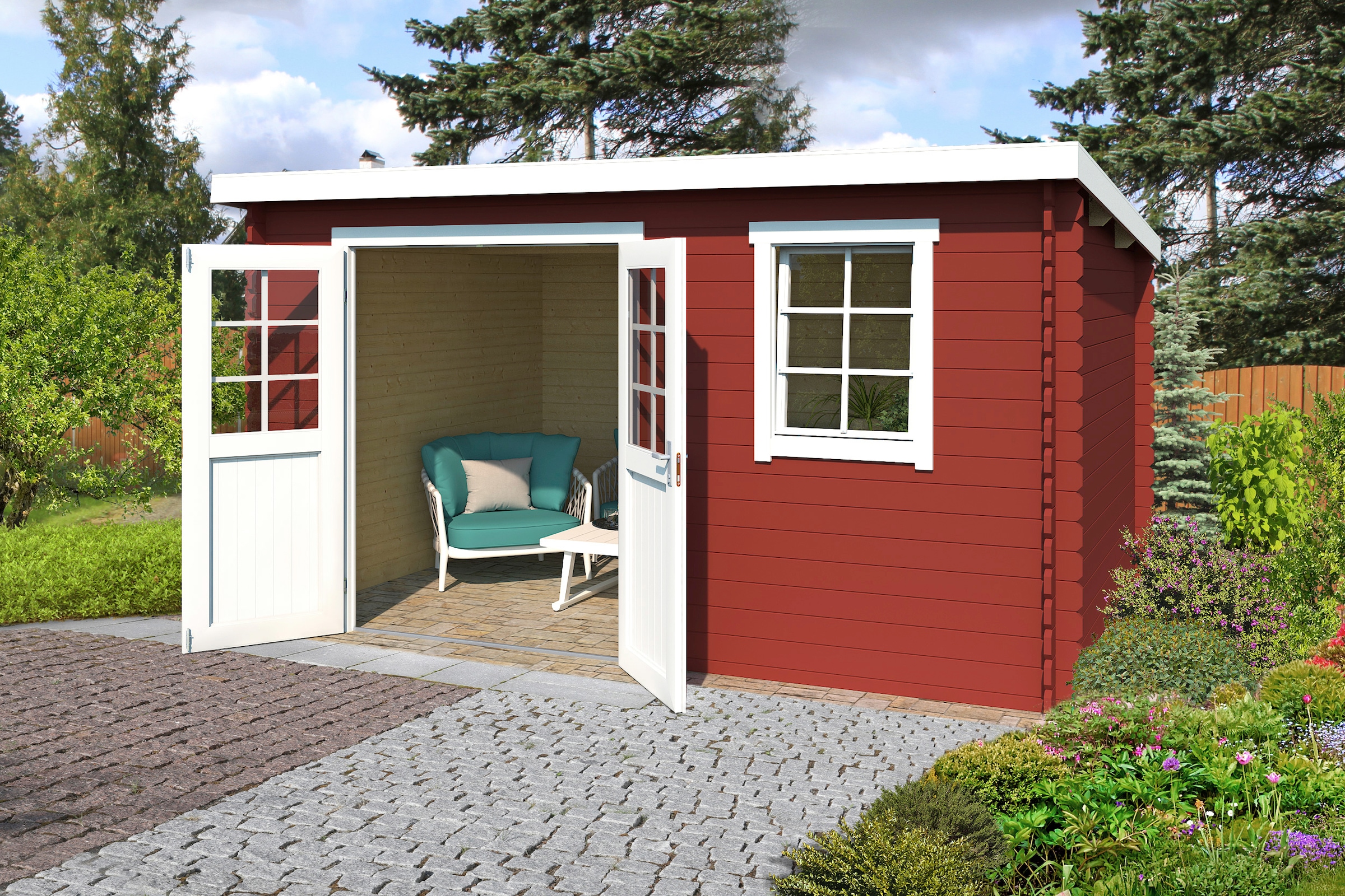 LASITA MAJA Gartenhaus »Amira 275«, Blochbohlenhaus 28mm, Fundamentmass 3800x2750, Schwedenrot