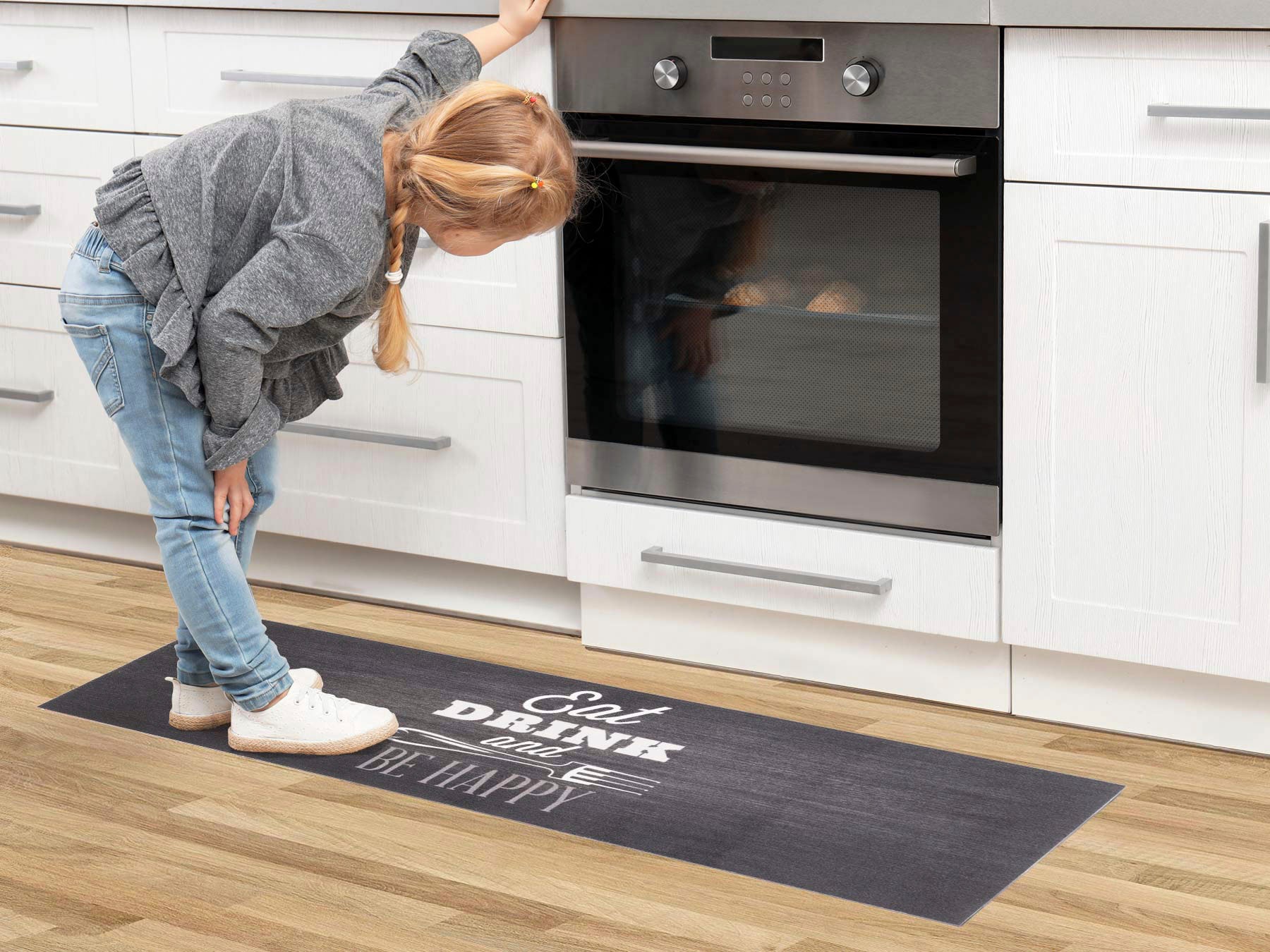 Primaflor-Ideen in Textil Küchenläufer »BE HAPPY, Made in Belgium«, rechteckig, 5 mm Höhe, mit Schriftzug, rutschhemmend, waschbar, Küche