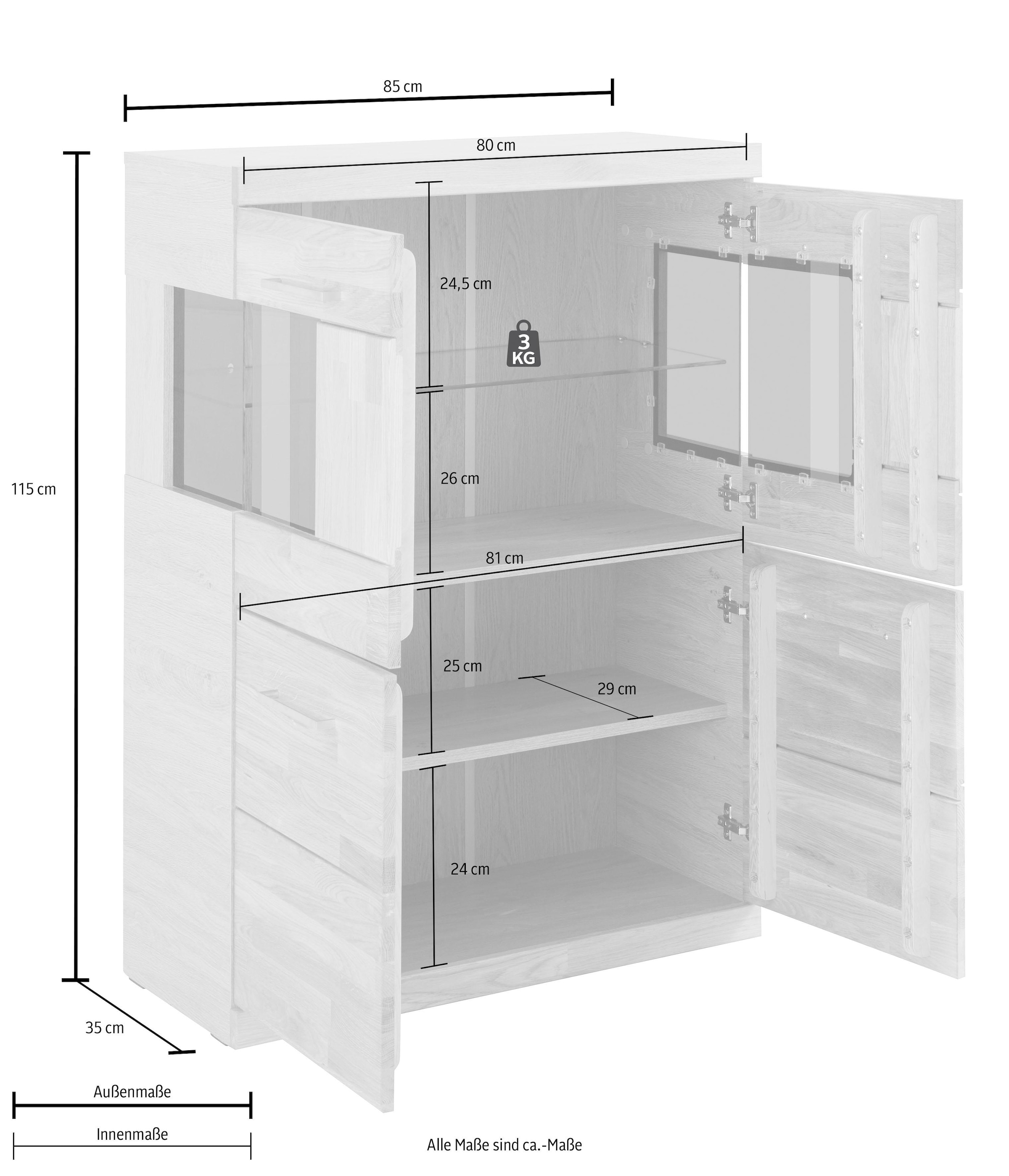 Home affaire Highboard »Ribe,85cm breit,115cm hoch, Fronten Massivholz,4 breite Fächer«, Korpus Holzwerkstoff,2Türen mit Glaseinsatz, Böden versetzbar