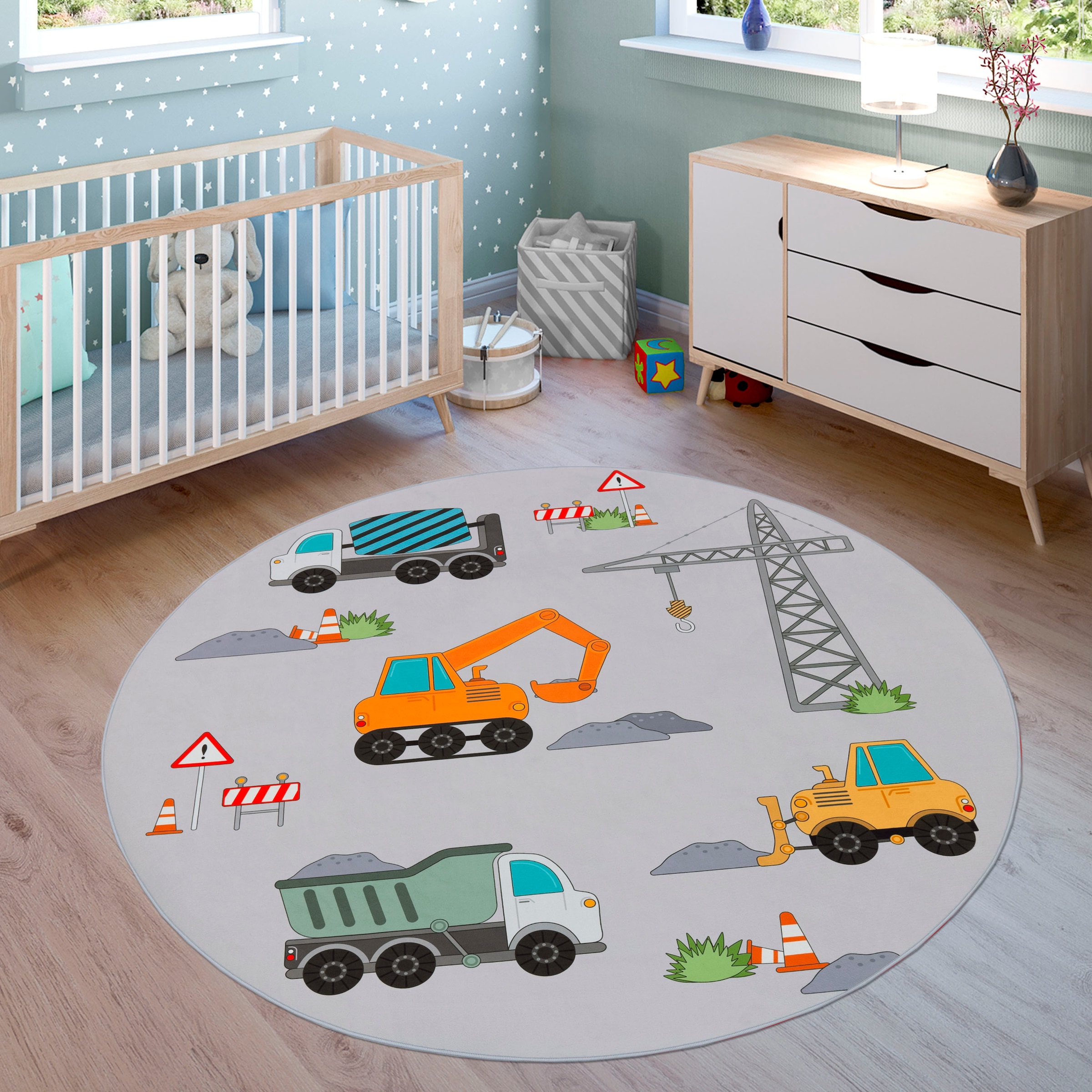 Paco Home Kinderteppich "Bino 579", rund, Spielteppich, Motiv Autos & Baustelle, Kinderzimmer