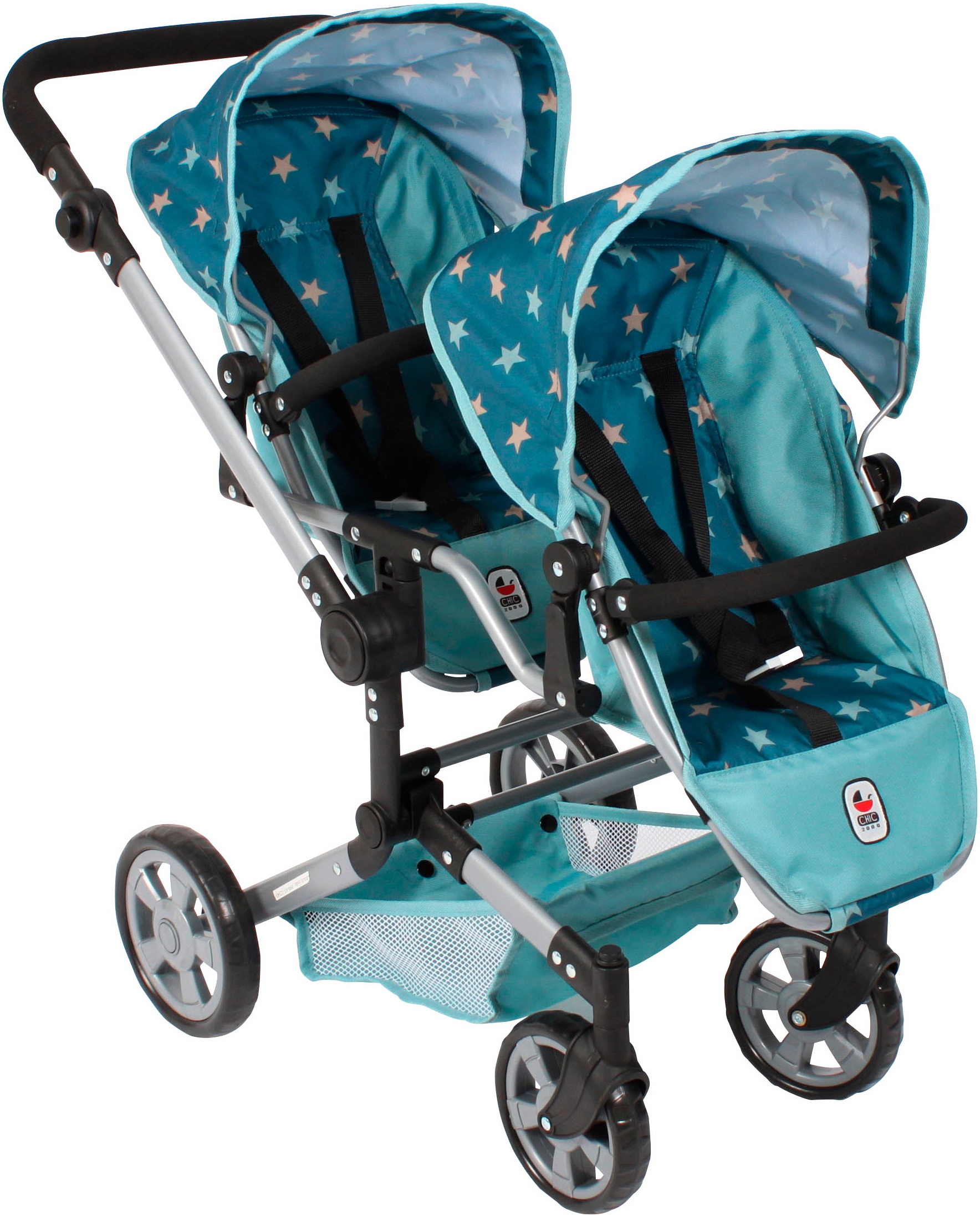 Puppen-Zwillingsbuggy CHIC2000 "Linus Duo", sternchen türkis, Puppenwagen, KinderB:80cm H:79cm T:80cm, Kunststoff, Polyester, Stahl, mit zwei abnehmbaren, bis in Liegeposition verstellbaren Sportsitzen, B:80cm H:79cm T:80cm
