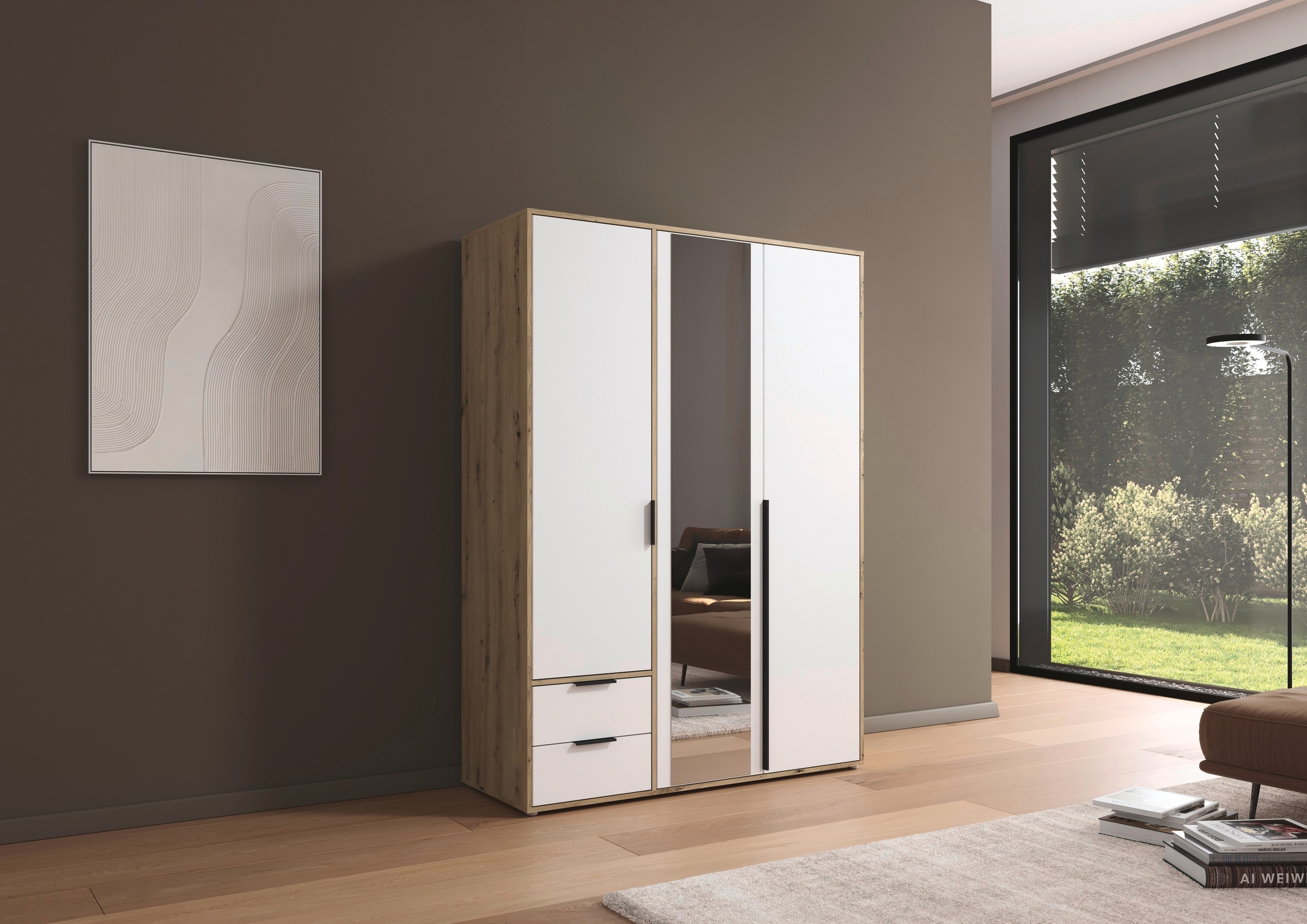 rauch Drehtürenschrank »Kleiderschrank Schrank Garderobe Wäscheschrank NAGATA mit Spiegel« in 3 verschiedenen Ausstattungen BASIC/CLASSIC/PREMIUM,  und Schubladen sowie Stangengriffen TOPSELLER MADE IN GERMANY