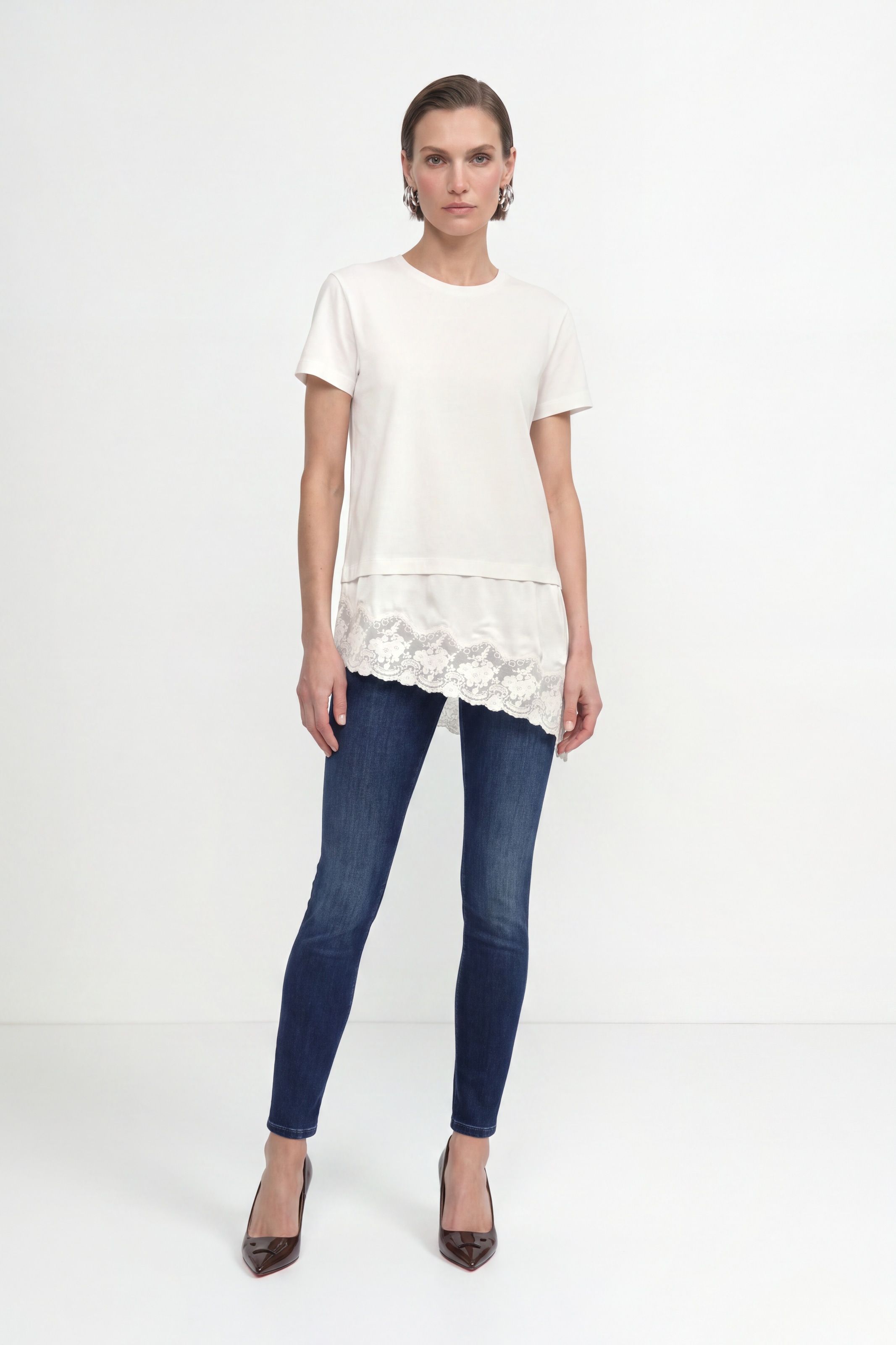 RICHROYAL T-Shirt Floraler Spitzenbesatz am Saum, asymmetrisch