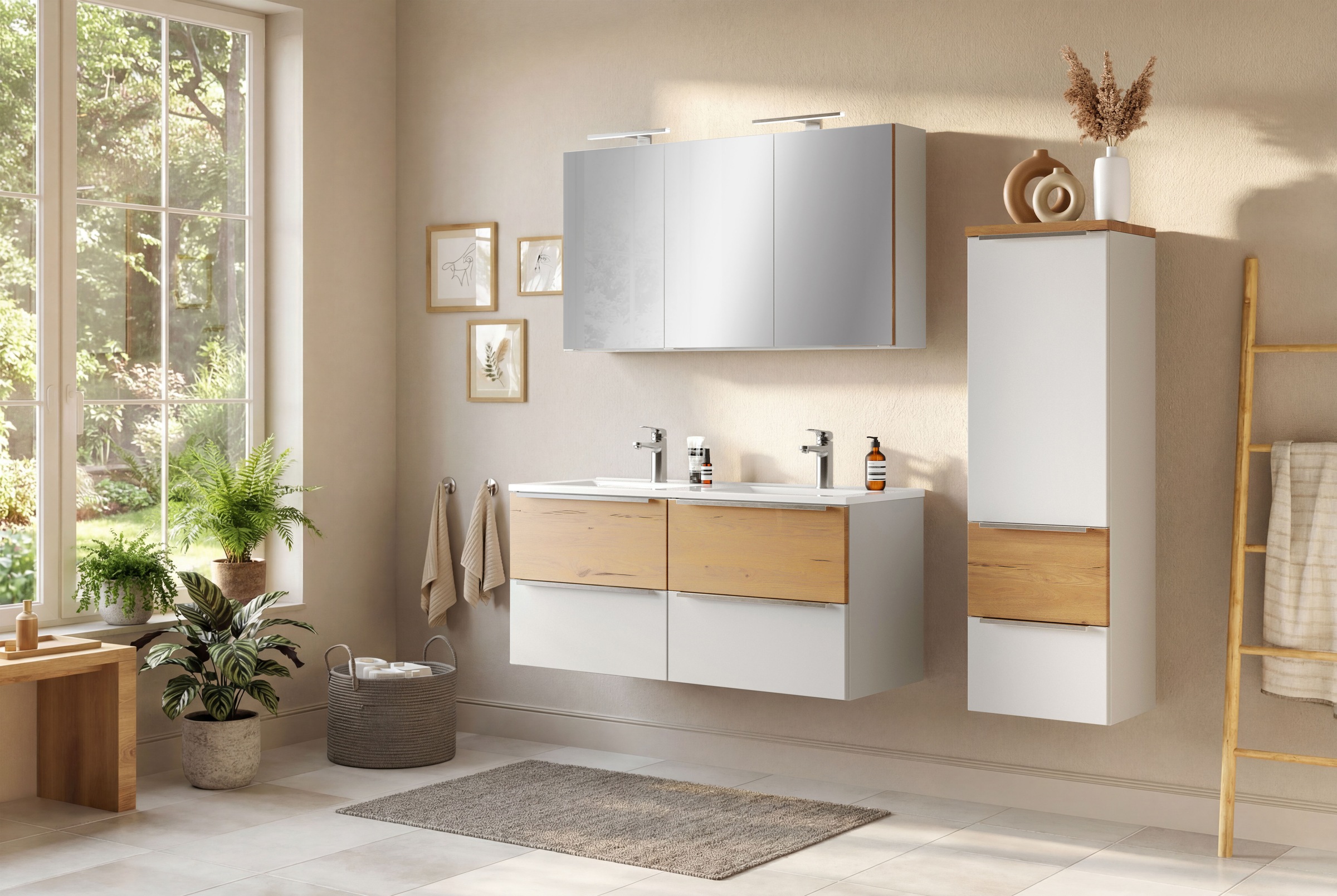welltime Spiegelschrank »TRIENT, 3D-Spiegelschrank 120 cm, gedämpfte Scharniere« matt weiß/Wildeiche, gedämpfte Scharniere