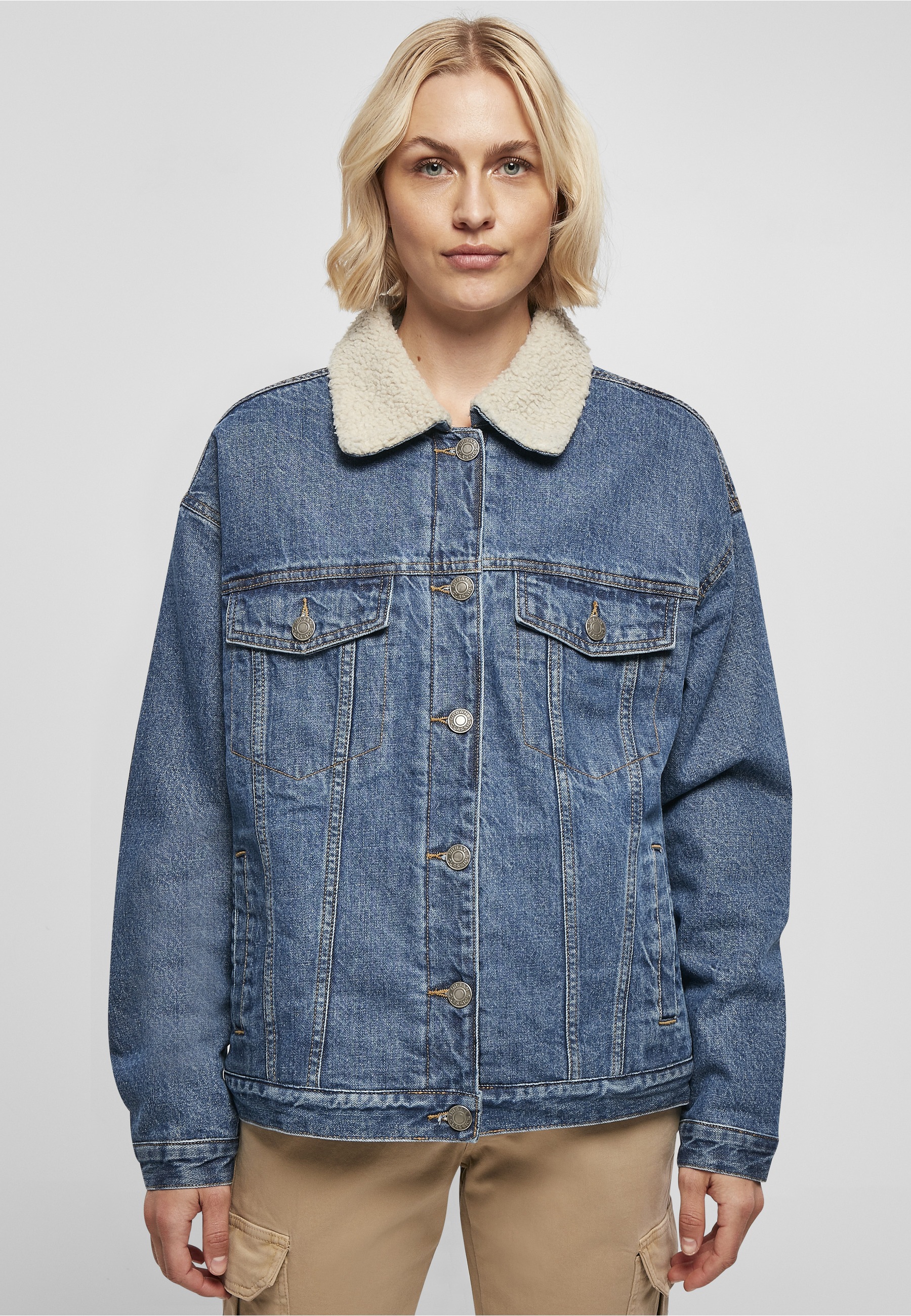 URBAN CLASSICS Jeansjacke »Urban Classics Damen Ladies Oversized Sherpa Denim Jacket« 1 Stk. tlg. ohne Kapuze