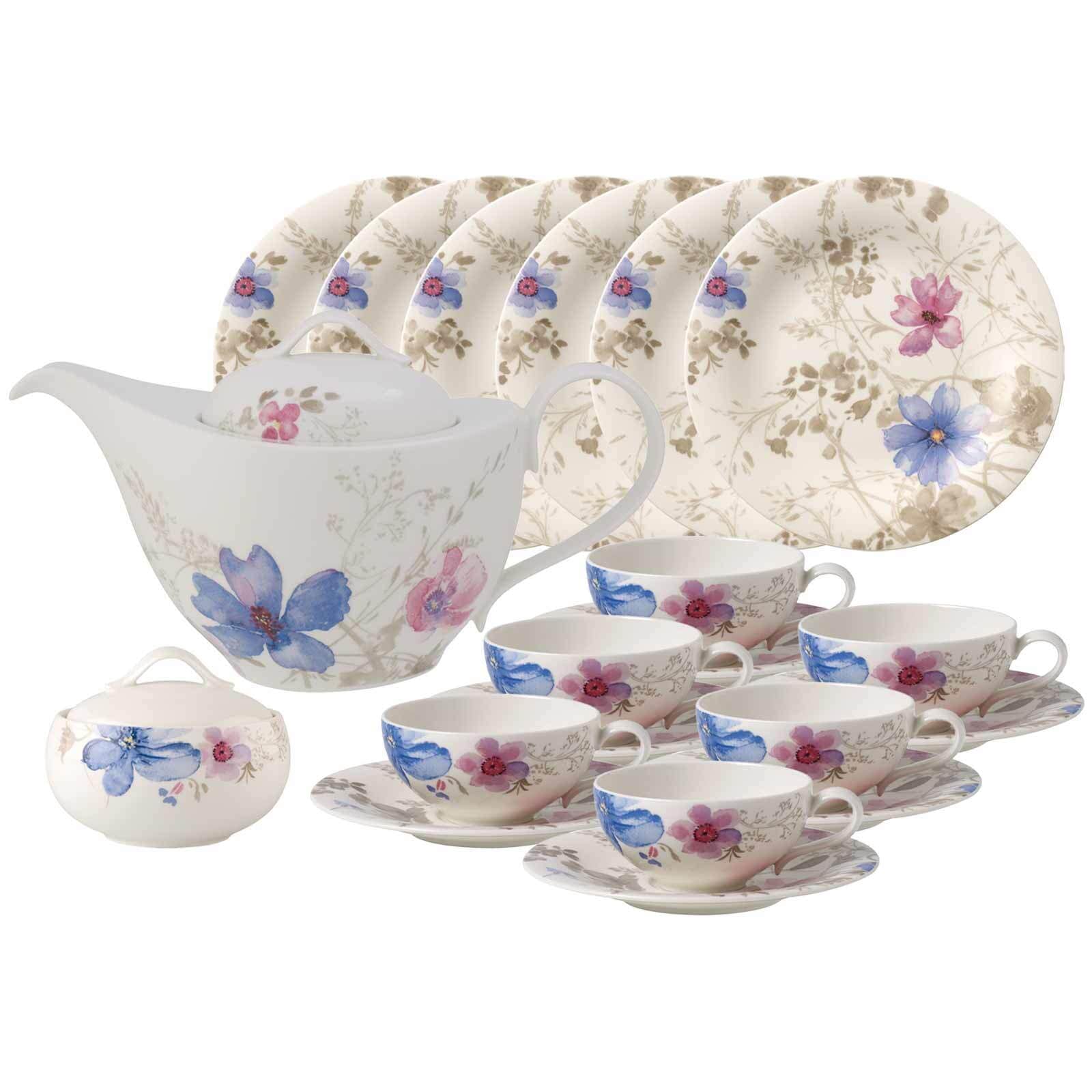 Villeroy & Boch Geschirr-Set "Teeservice Mariefleur Gris Basic 20er Set bunt" Spülmaschinengeeignet, Mikrowellenfest