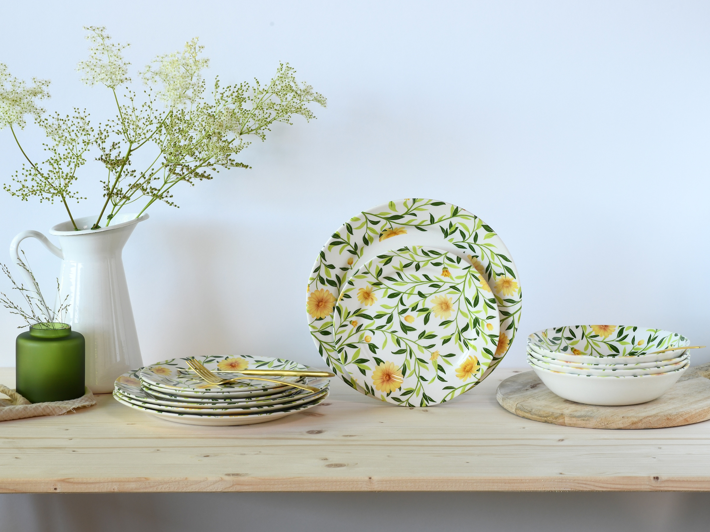 CreaTable Teller-Set »Amarilla, Tellerset 12-tlg«, (Set, 12 tlg.), Blumendekor, Blättermotiv
