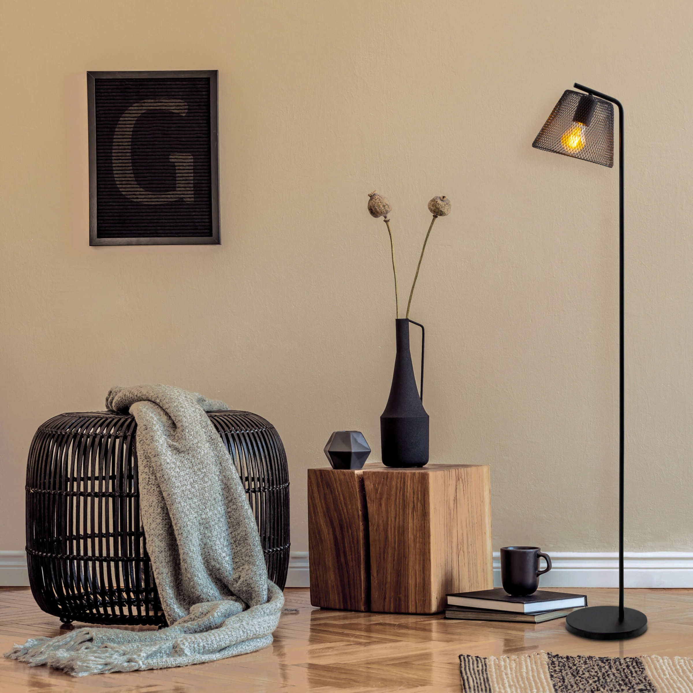 näve Stehlampe »Korie« E27 1 Stk. Metallgeflechtschirm, 1x E27, H: 140cm, Zuleitung 230cm, Fußschalter