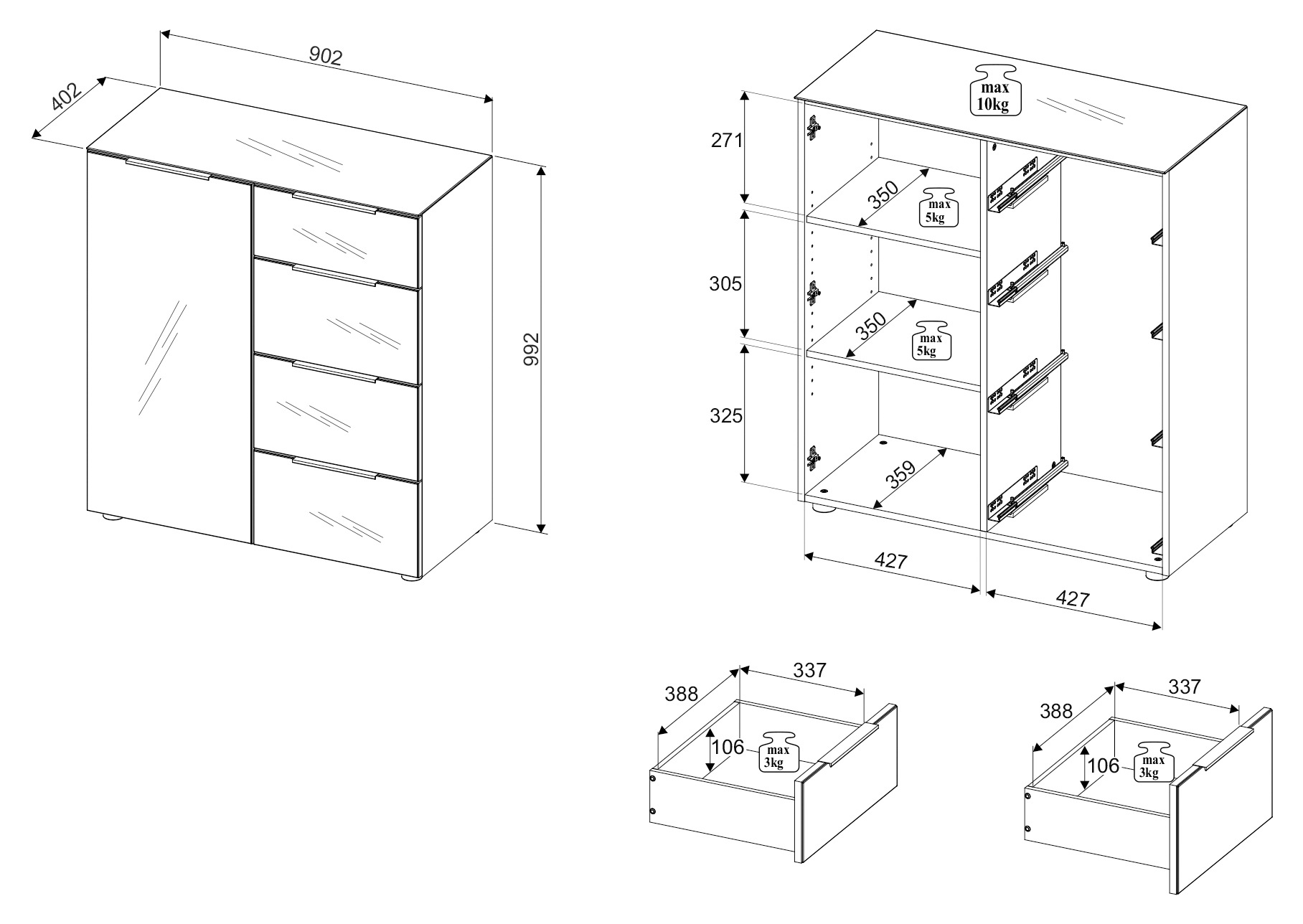 HBZ Sideboard »Santorin Mehrzweckschrank-Universalschrank, BxHxT 90x99x40 cm«, (1 St.), Mit 1 Tür und 4 Schubkästen mit Softclose, Glasfront und Glasoberboden
