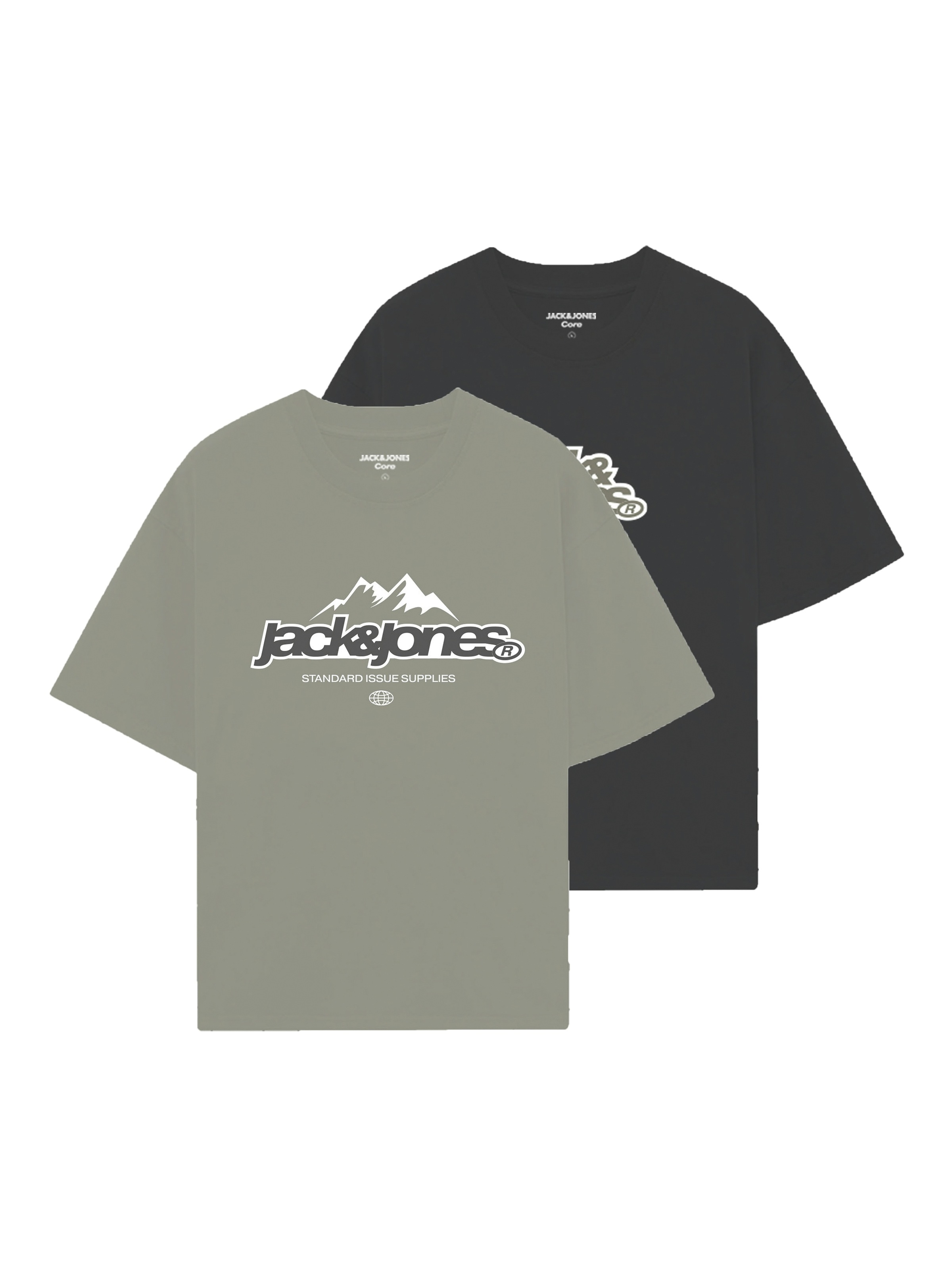 Rundhalsshirt JACK & JONES JUNIOR "JCOFLARE FRONT TEE SS CN FST 2PK MP JNR", Jungen, Gr. 164, schwarz pack:with vetiver, Single Jersey, Obermaterial: 100% Baumwolle, bedruckt, normal, Rundhals, Shirts Rundhalsshirt