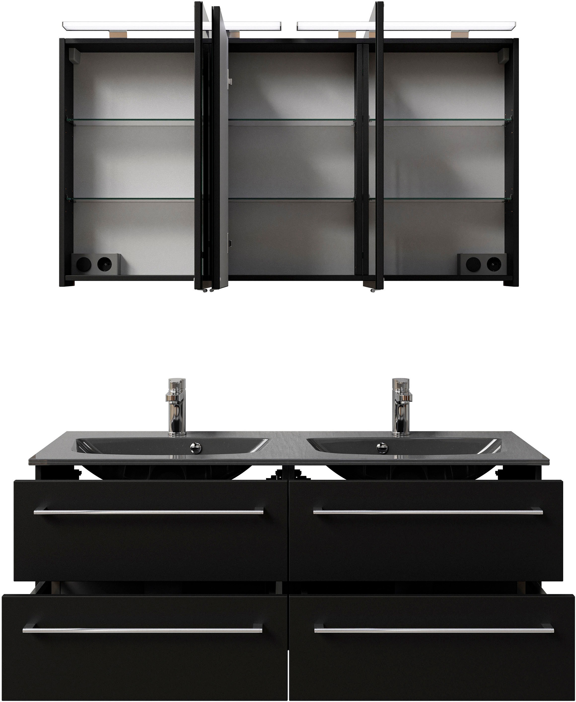 Saphir Badmöbel-Set »Serie 6025 2-teilig Mineralmarmor-Waschtisch mit LED-Spiegelschrank«, (2 St.), Waschplatz 132cm breit, 4 Schubladen, 2 Spiegel-Türen, inkl Türdämpfer