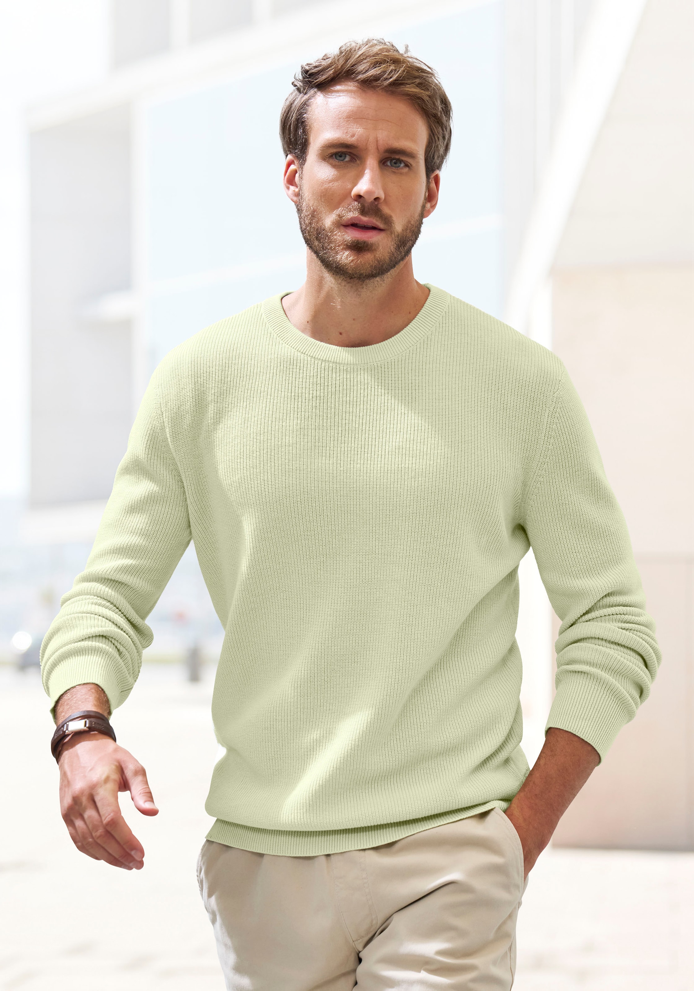 Strickpullover JOHN DEVIN "bis Größe 5XL", Herren, Gr. L (52/54), grün (hellgrün), Strick, Obermaterial: 50% Baumwolle, 50% Polyacryl, unifarben, regular fit normal, Rundhals, Strickbündchen, Pullover Strickpullover, Pullover in modischen Farben aus Baumw
