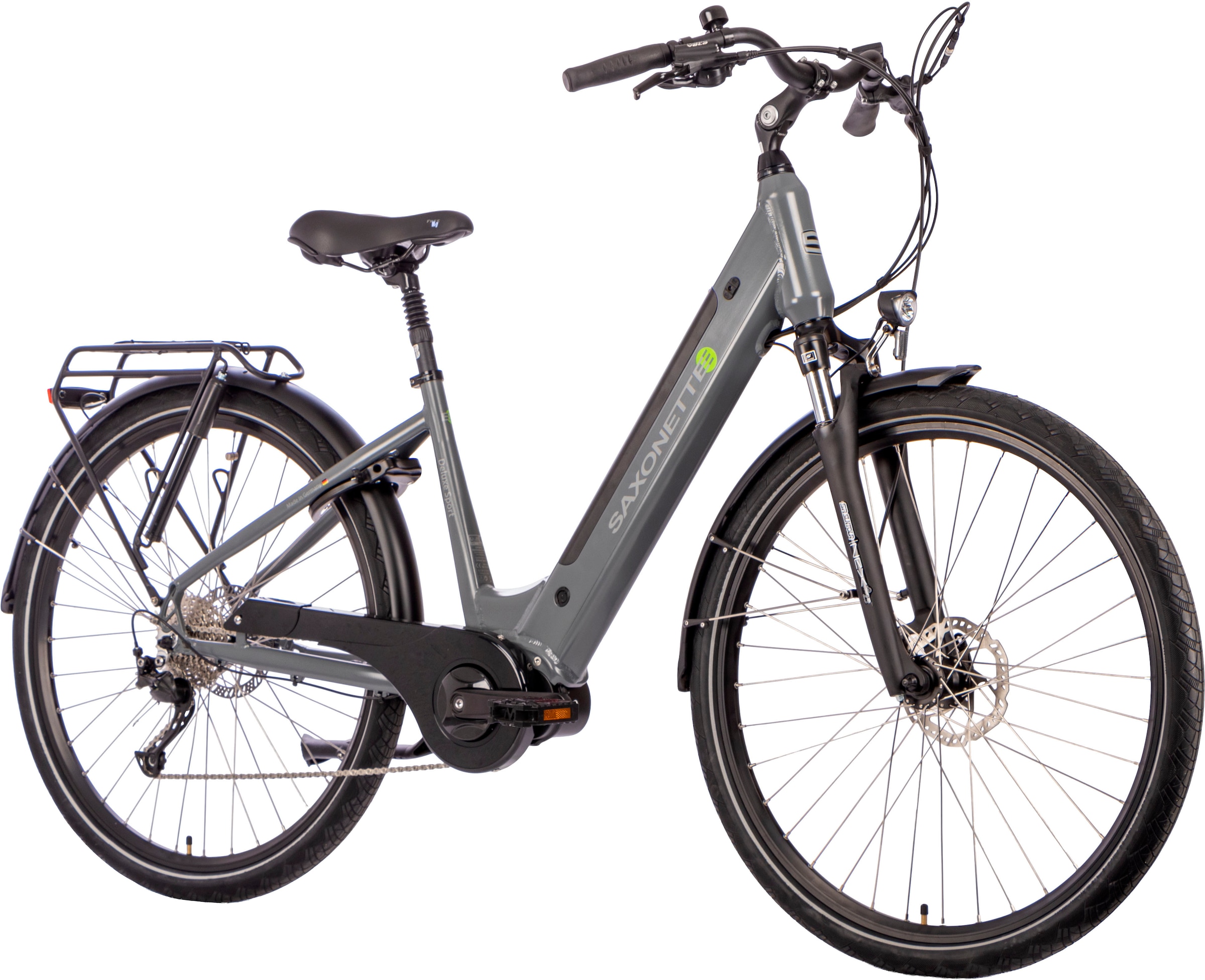 SAXONETTE E-Bike »E-Bike Cityrad Deluxe Sport (Wave)«, 9 Gang, Shimano, Alivio, Mittelmotor 250 W, (Packung), (mit integr. Akku), Elektrofahrrad für Damen u. Herren