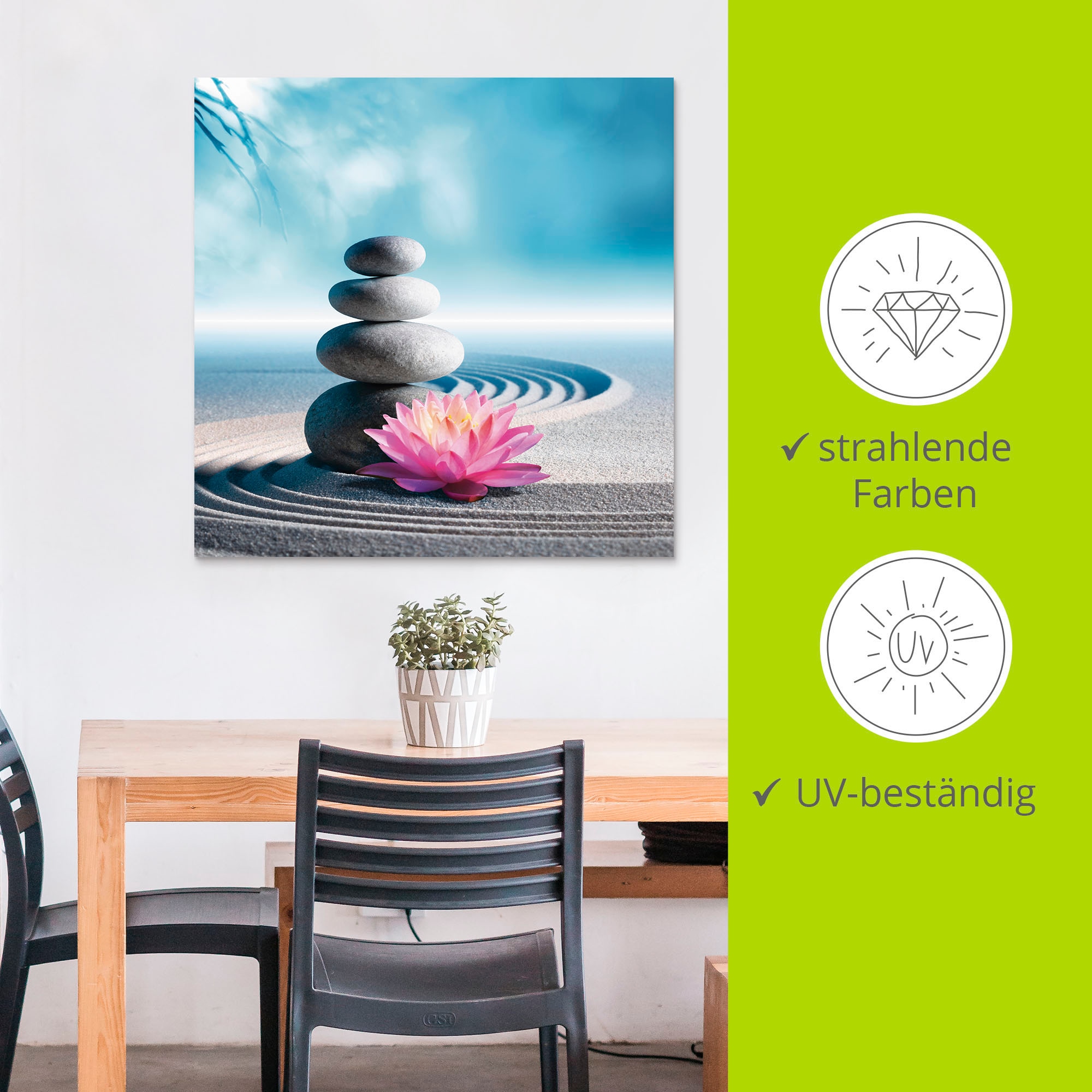Artland Wandbild »Sand, Lilie und Spa-Steine in Zen-Garten«, Zen, (1 St.), als Alubild, Outdoorbild, Leinwandbild, Poster in verschied. Größen