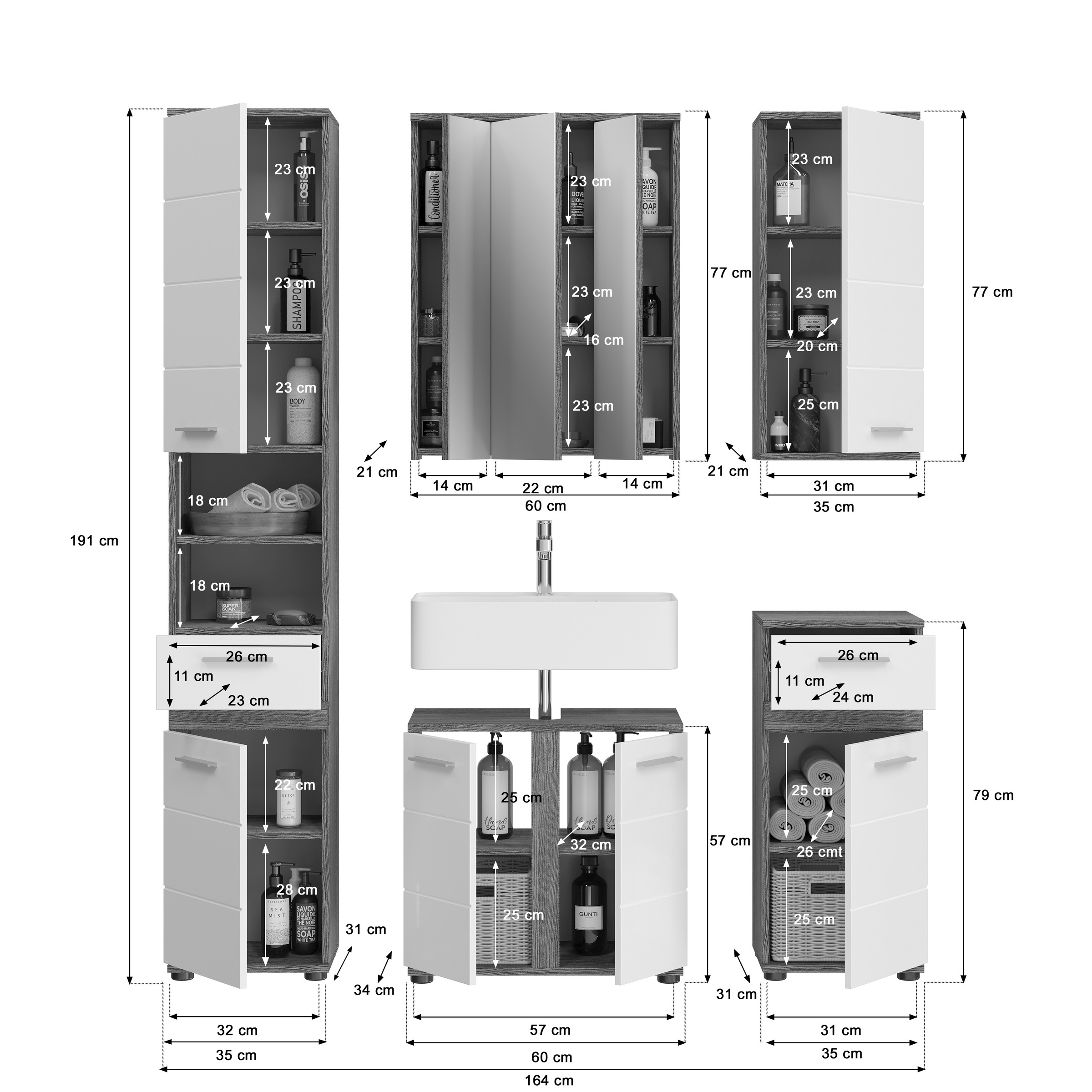 welltime Badmöbel-Set »LUCCA, 5-teilig, TOPSELLER!, MDF Hochglanzfront, bestehend aus:«, (Set, 5 St.), Hochschrank, WBU, Spiegel, Unterschrank, Hängeschrank