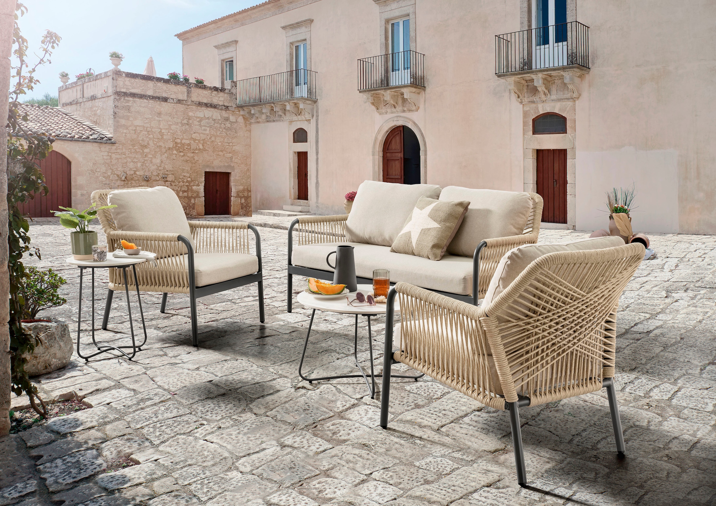 Destiny Gartenlounge-Set "GENUA", (12 tlg., 1x 2er Sofa, 2x Sessel, 2x Tisch, inkl. Auflagen), Aluminium, Olefin-Rope