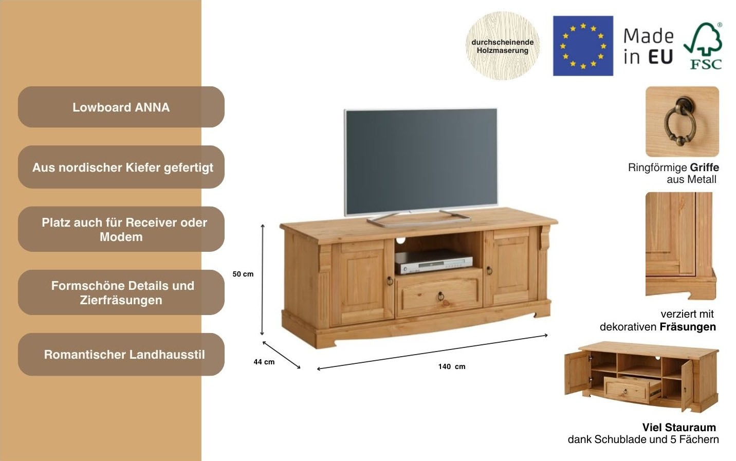 Home affaire Lowboard »Anna«, (Gesamtmaße (B/T/H): ca. 140/44/50 cm), TV-Board, Breite 140 cm, 2 Türen, 1 Schublade, Massivholz, FSC®