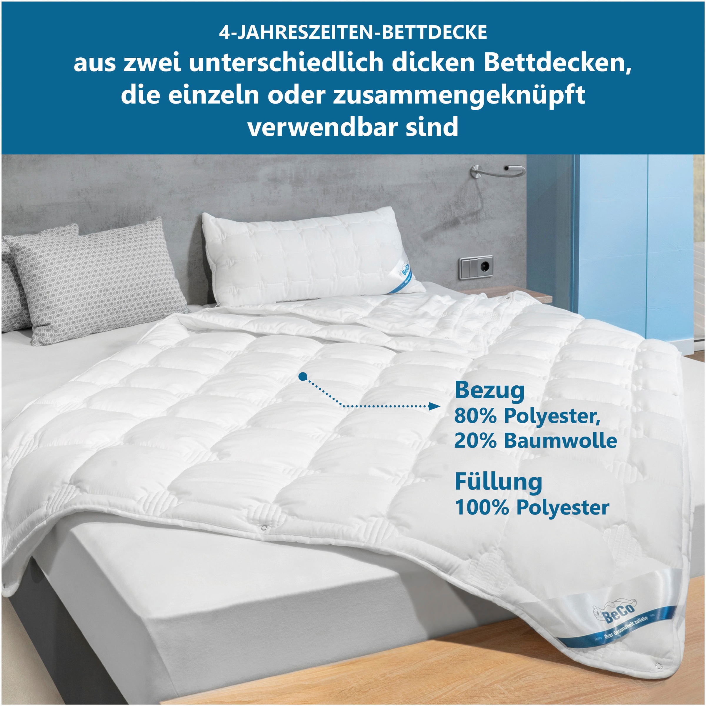 Thumbnail - Beco Steppbett + Kopfkissen "Medibett Cotton Soft, Allergiker geeignet (Hausstauballegiker)" 1x Bettdecke 135x200 cm & 1...