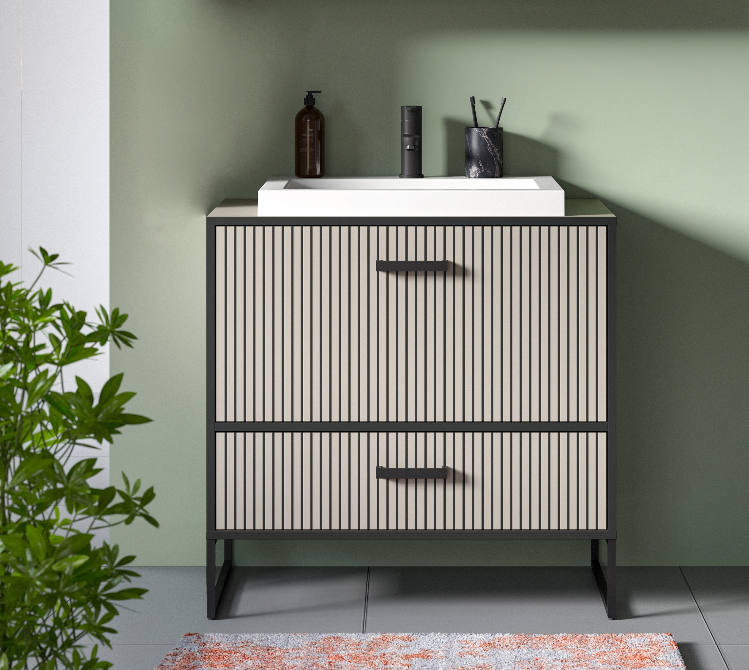 welltime Waschbeckenunterschrank "Locri, Höhe 84 cm, Rillenoptik, Metallkuf günstig online kaufen