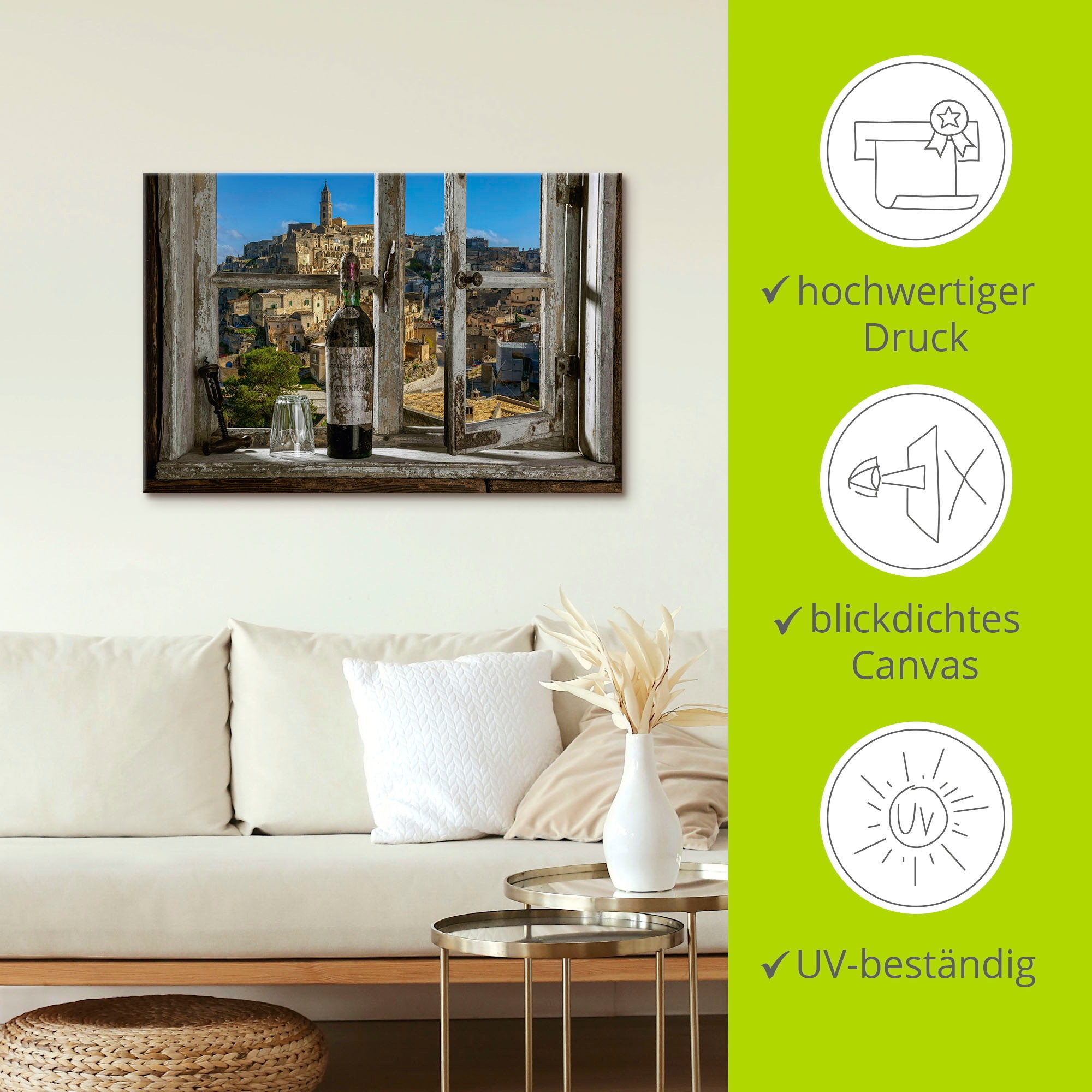 Artland Wandbild »Blick aus dem Fenster Matera, Italien«, Fenster & Türen, (1 St.), als Alubild, Outdoorbild, Leinwandbild, Poster, Wandaufkleber