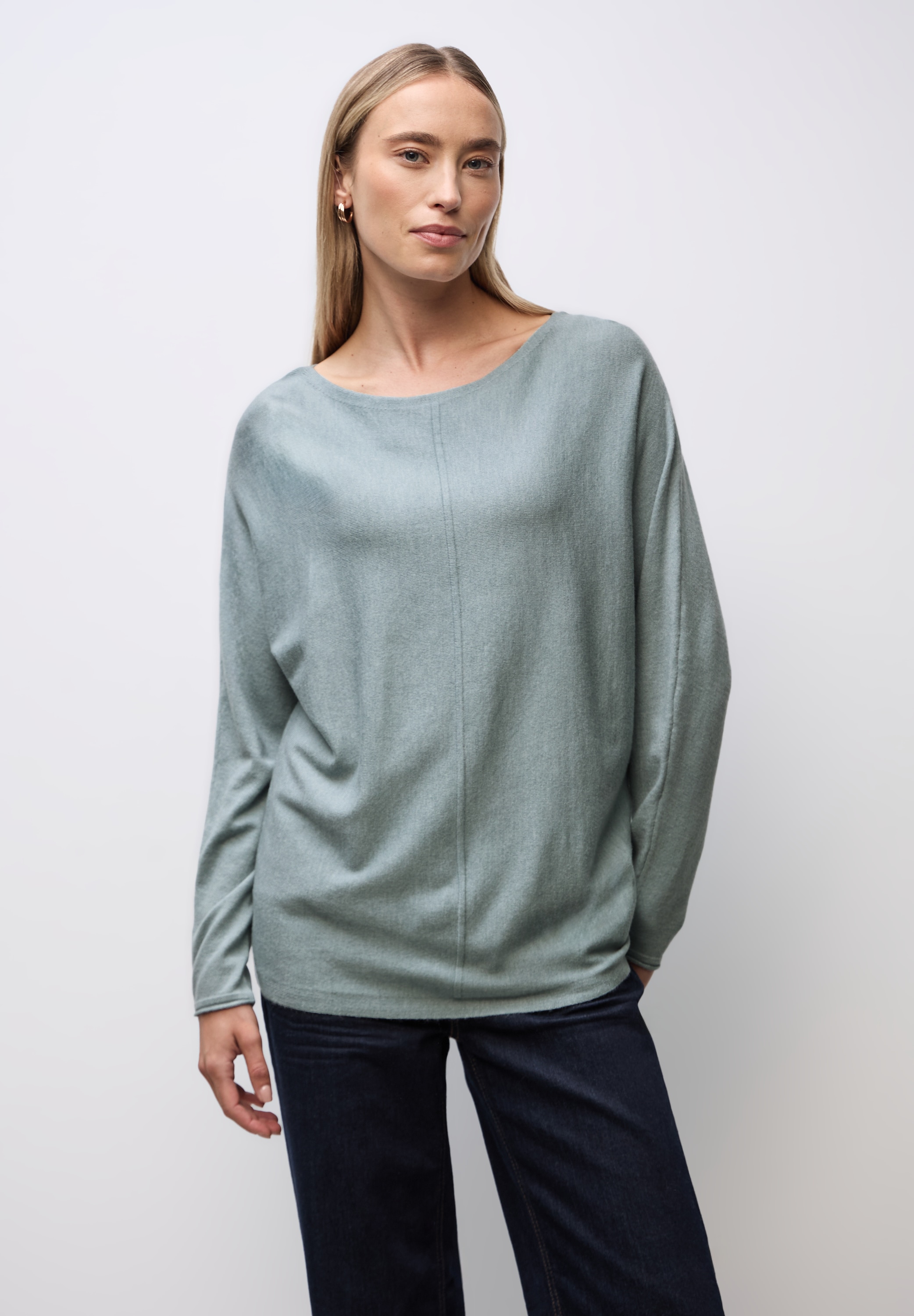 Rundhalspullover STREET ONE, Damen, Gr. 36, nile blau meliert, Stoff, 30% Polyester, 29% Polyacryl, 21% Viskose, 20% Nylon, unifarben, normal normal, U-Boot-Ausschnitt, Rollsaum, Pullover Rundhalspullover, aus Feinstrick