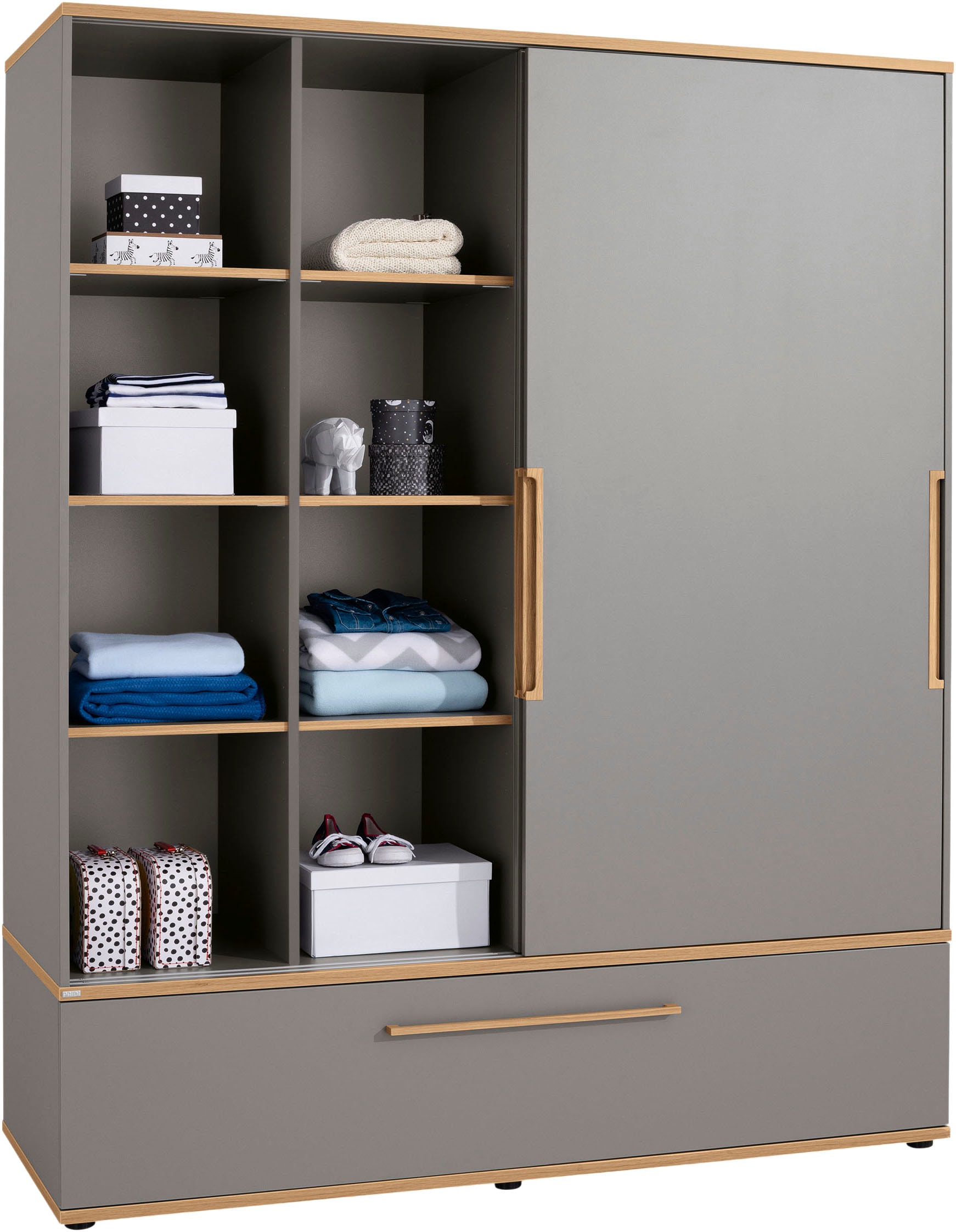 PAIDI Schiebetürenschrank »STIENE in Beige oder Grau, 2 Türen und 1 Schublade mit Soft-Close« B/H/T ca. 164/200/62cm,  mit Kleiderstangen+Einlegeböden, Kleiderschrank mit Massivholzgriffen