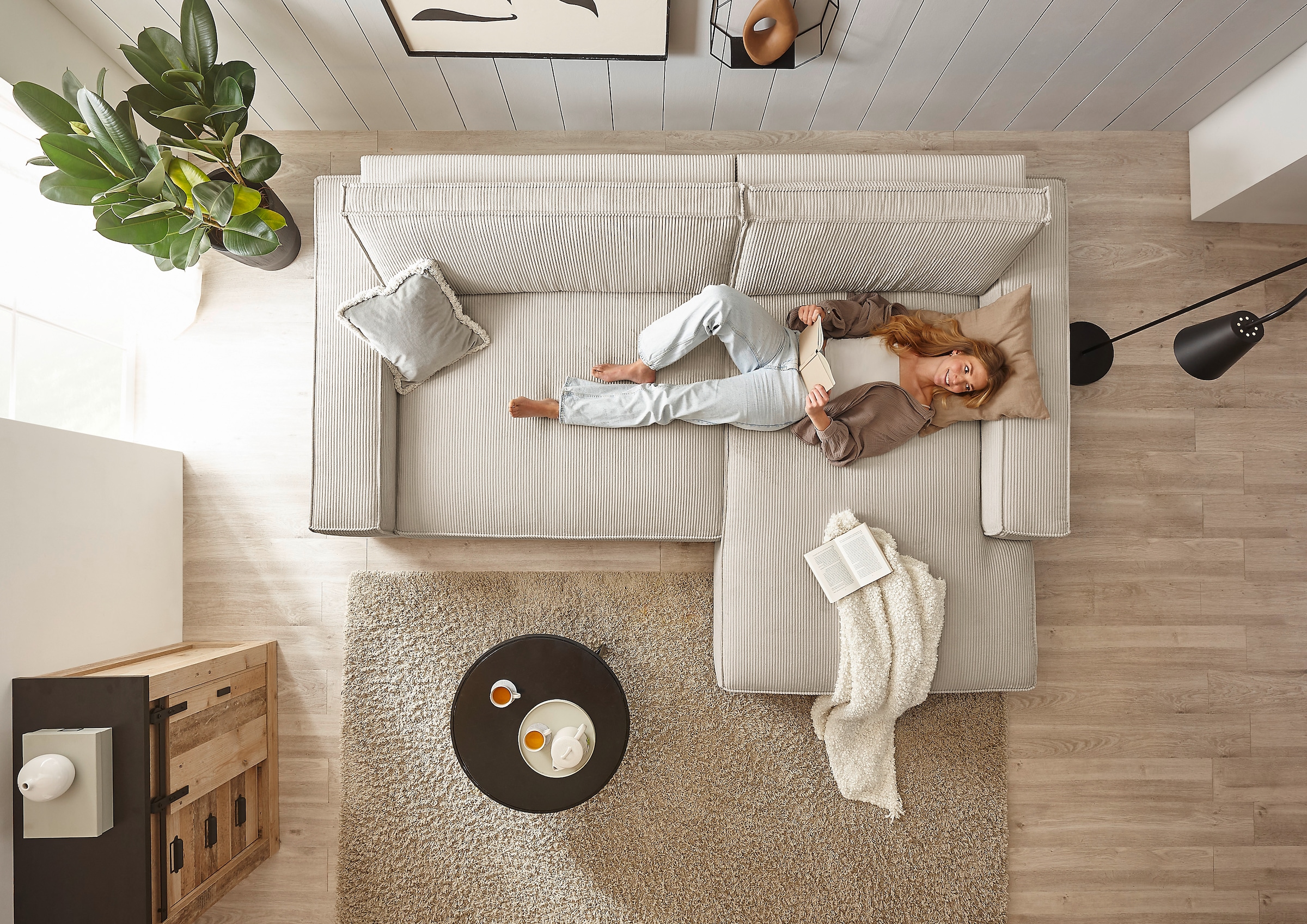 Home affaire Ecksofa »NEU: SHERWOODL XXL 284, Big-Sofa L-Form, tiefe Sitzfläche 95 cm, Cord,«, Leinenoptik, Recamiere rechts/links, auch als Schlafsofa stellbar