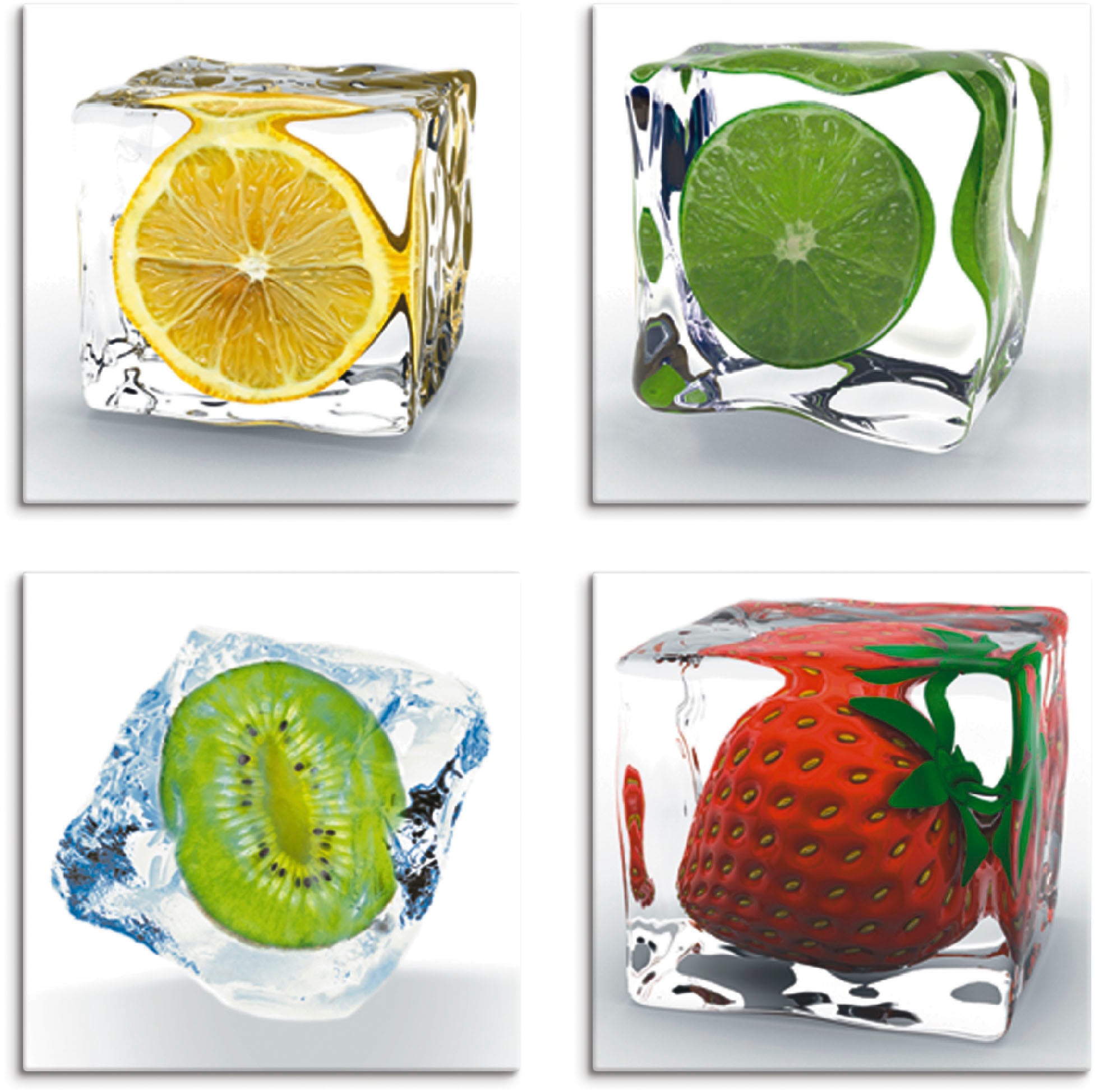 Artland Leinwandbild "Früchte im Eiswürfel", Lebensmittel, (4 St.), 4er Set, verschiedene Größen