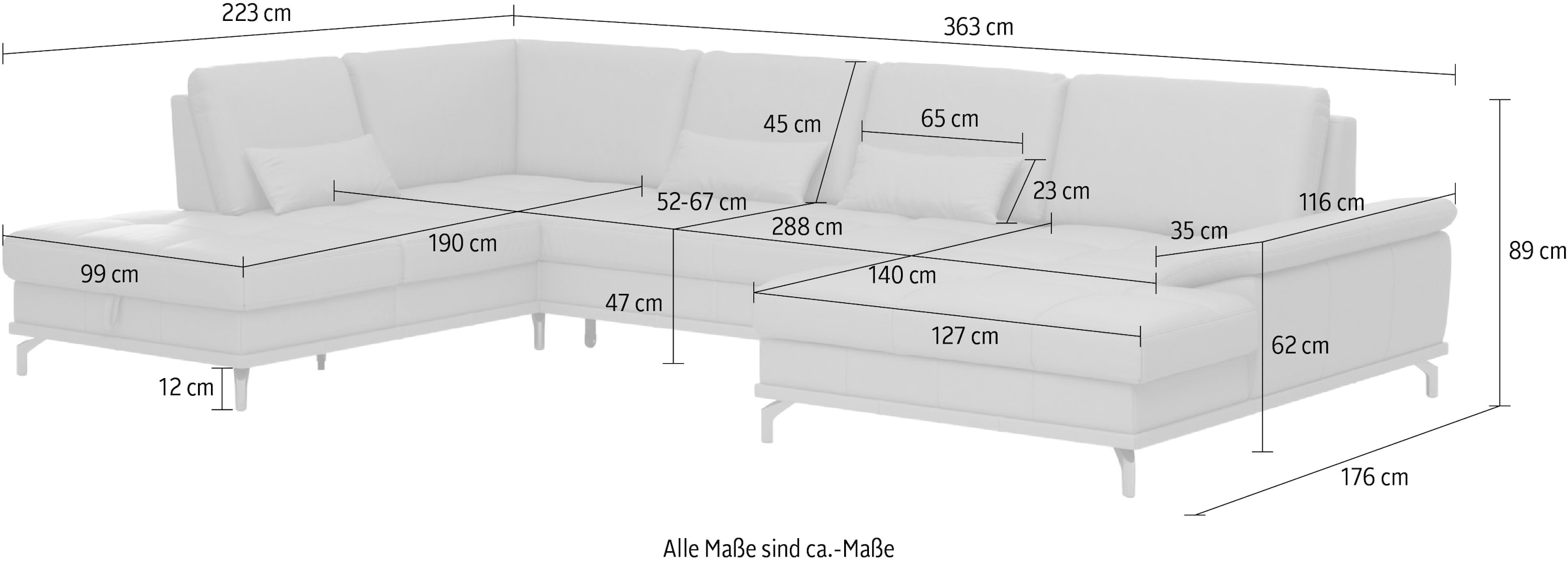 OTTO home Wohnlandschaft »Costello U-Form, B: 363 cm mit Sitztiefen-, Armteilverstellung &« 3 Nierenkissen, optional Schlaffunktion & Bettkasten