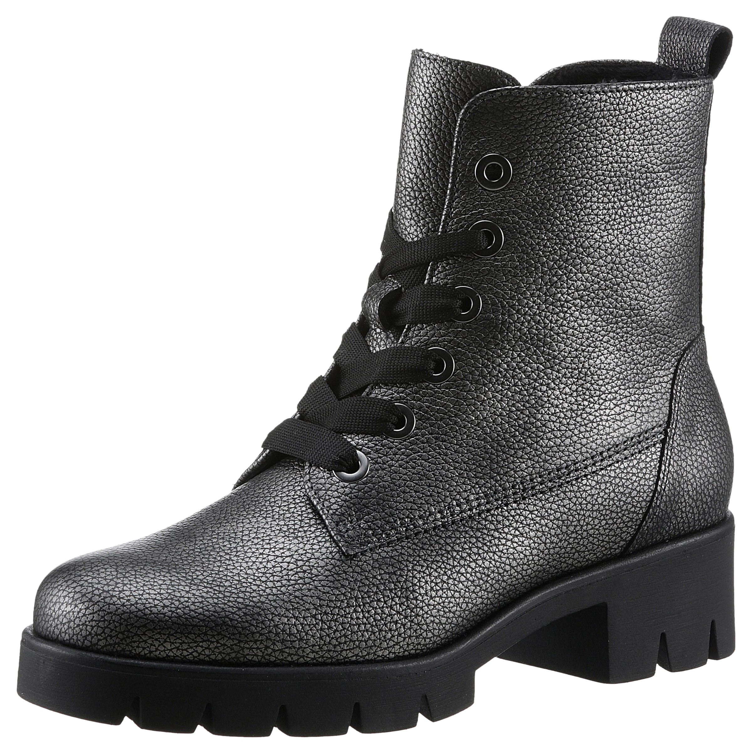 Schnürstiefelette, Blockabsatz, Plateau, Schnürboots mit Metallic-Effekt