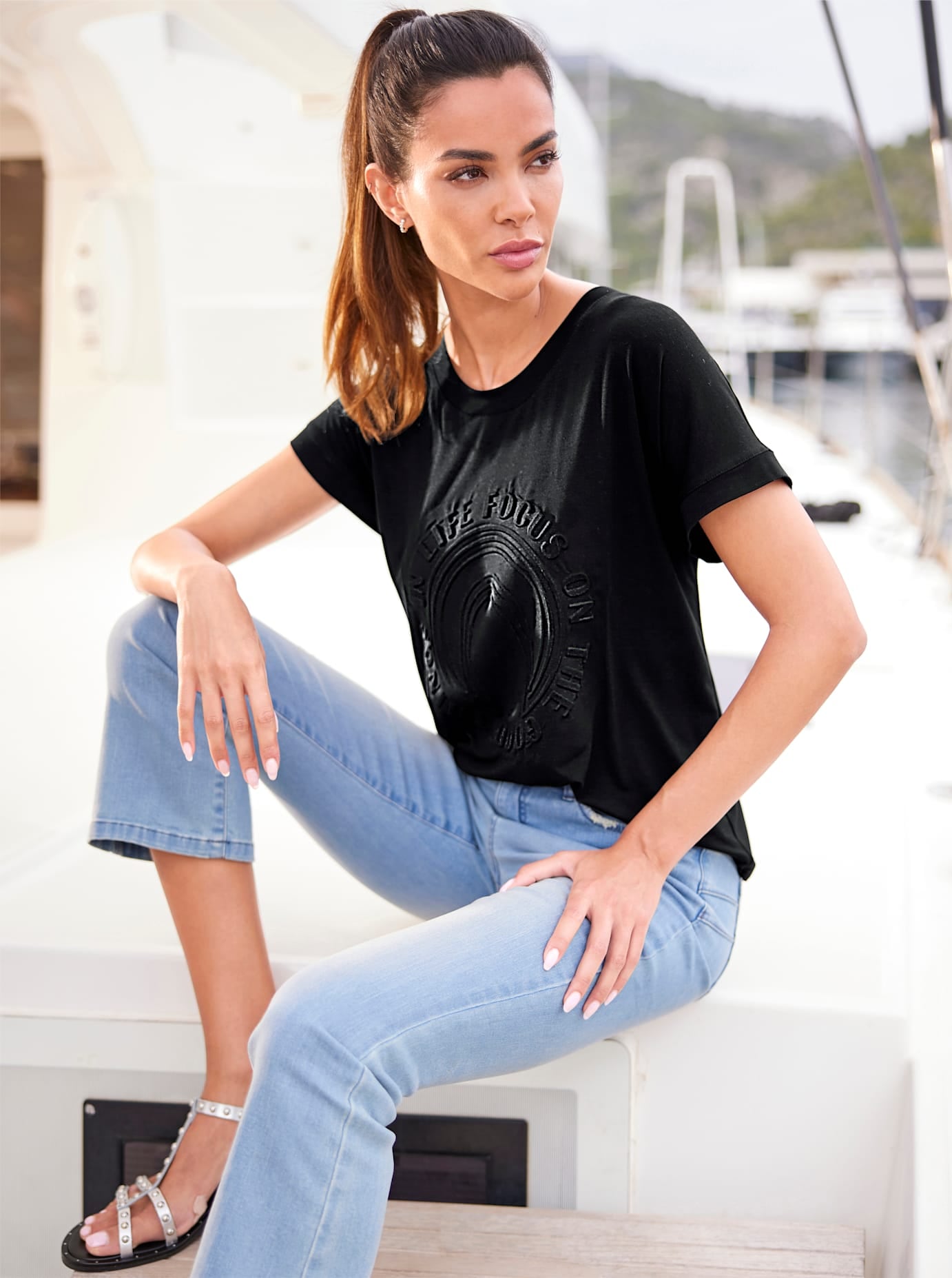 T-Shirt HEINE "Shirt", Damen, Gr. 42, schwarz, 95% Viskose, 5% Elasthan, unifarben, Rundhals, Shirts T-Shirt