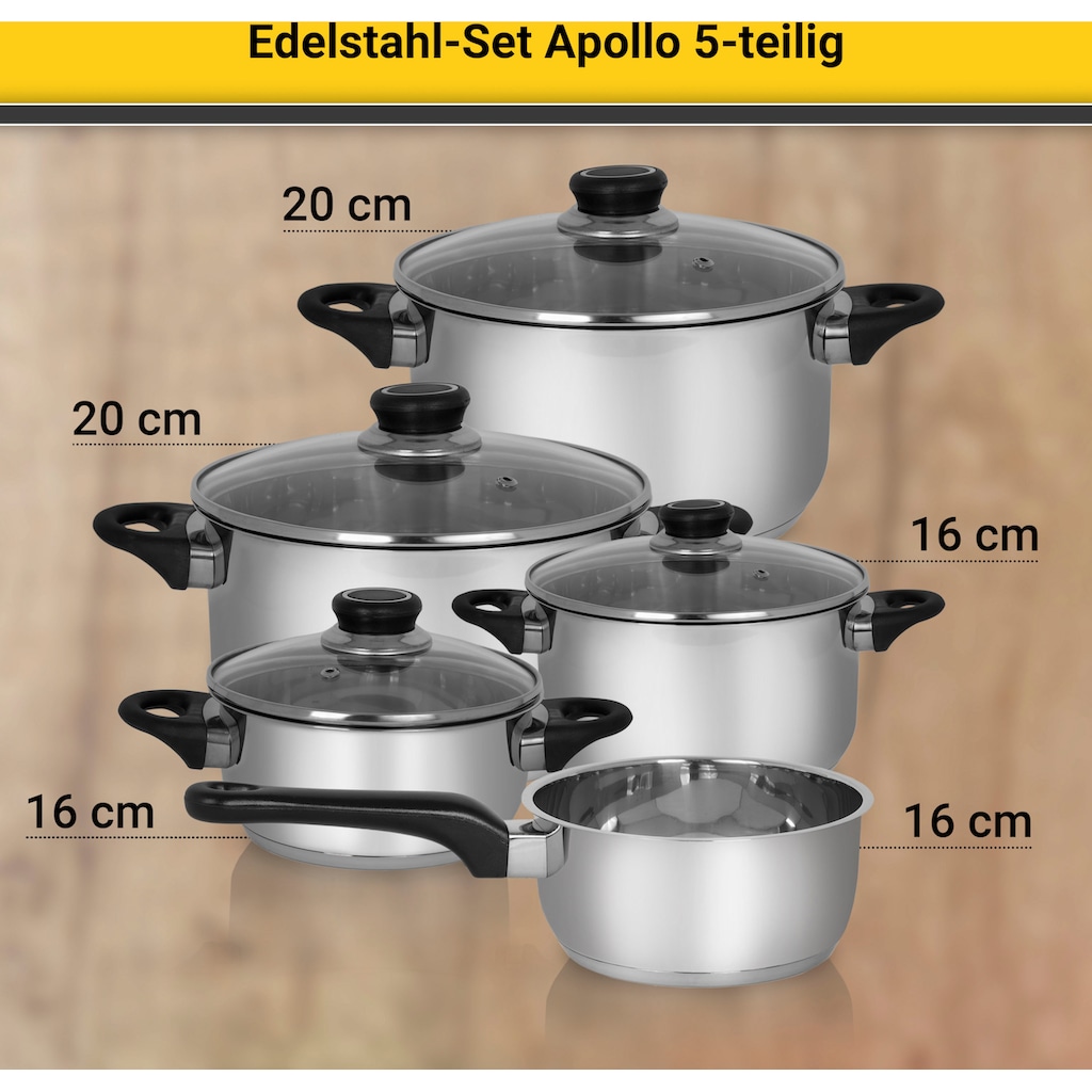 Krüger Topf-Set »Apollo«, Edelstahl, (Set, 9 tlg., 1 Bratentopf Ø 16/20 cm, 1 Fleischtopf Ø 16/20 cm, 1 Stieltopf Ø 16 cm)