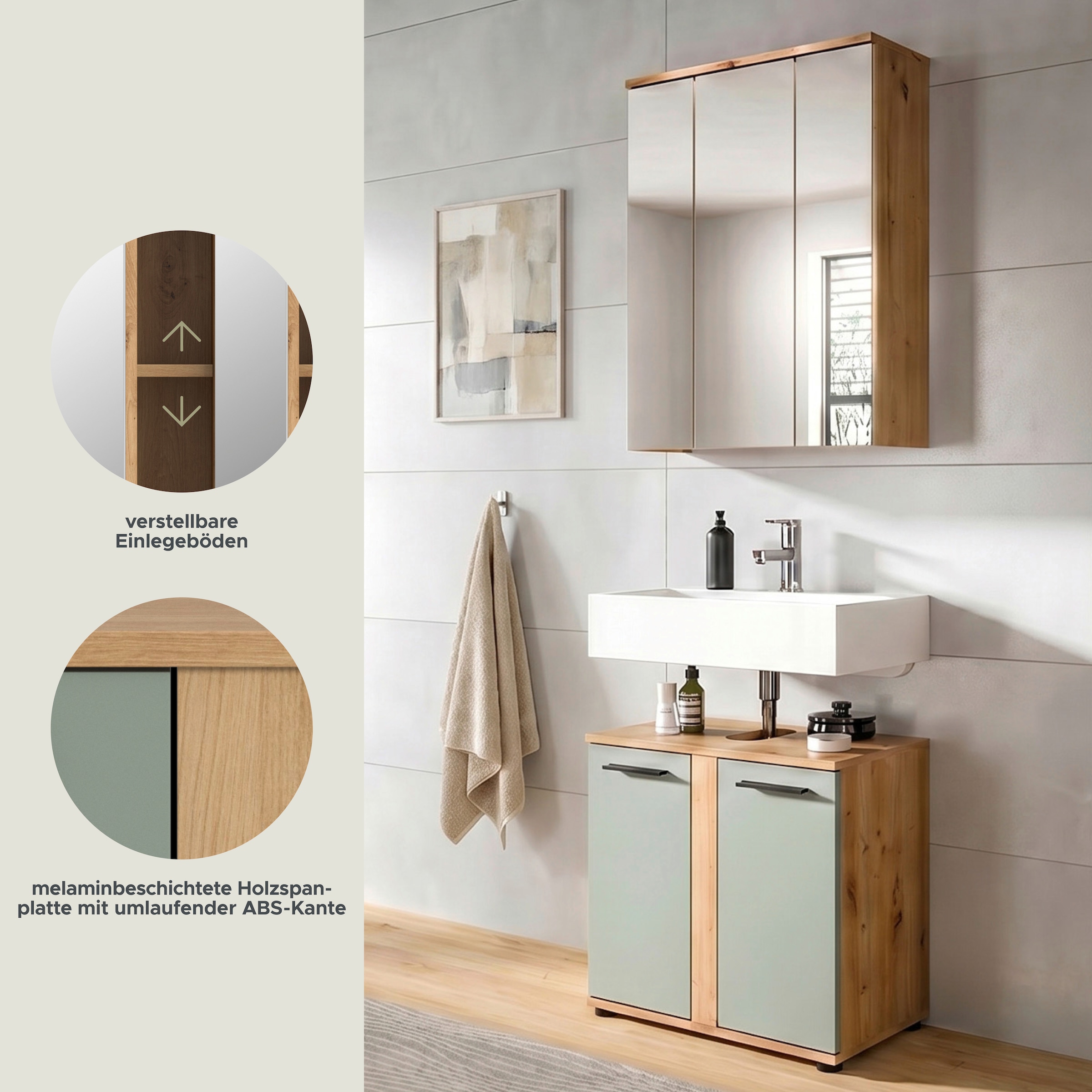 welltime Badmöbel-Set »LUCCA, 2- teilig, Waschbeckenunterschrank, Spiegelschrank« Set, bestehend aus: 1x Waschbeckenunterschrank & 1x Spiegelschrank, 2 Stk. tlg.