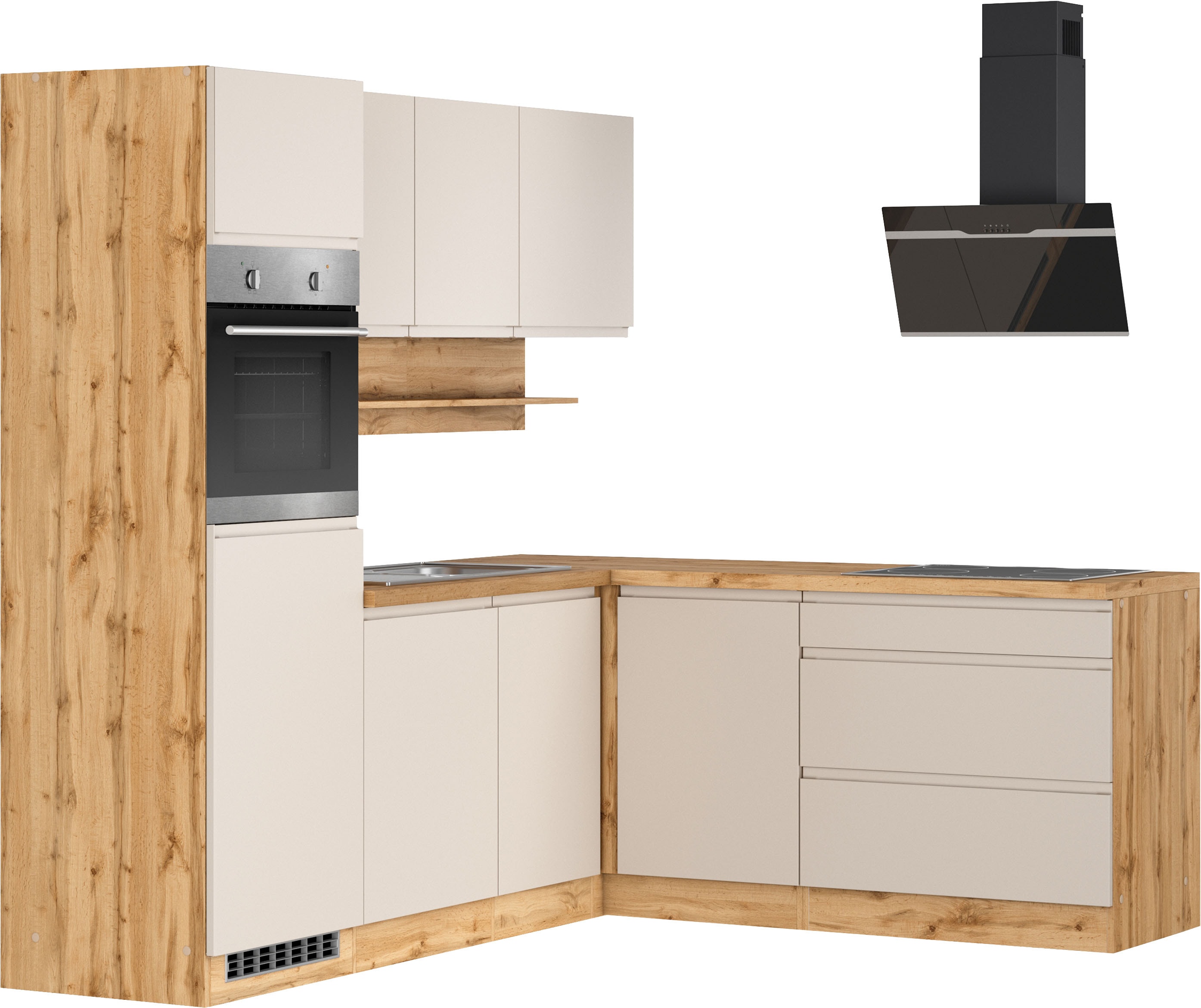 KOCHSTATION "KS-Virginia,neu in verbesserter Ausführung" Arbeitsplatte 38 mm stark, Stauraum, Softclose, Stellbreite 230/190 cm, Soft-Close, ohne E-Geräte