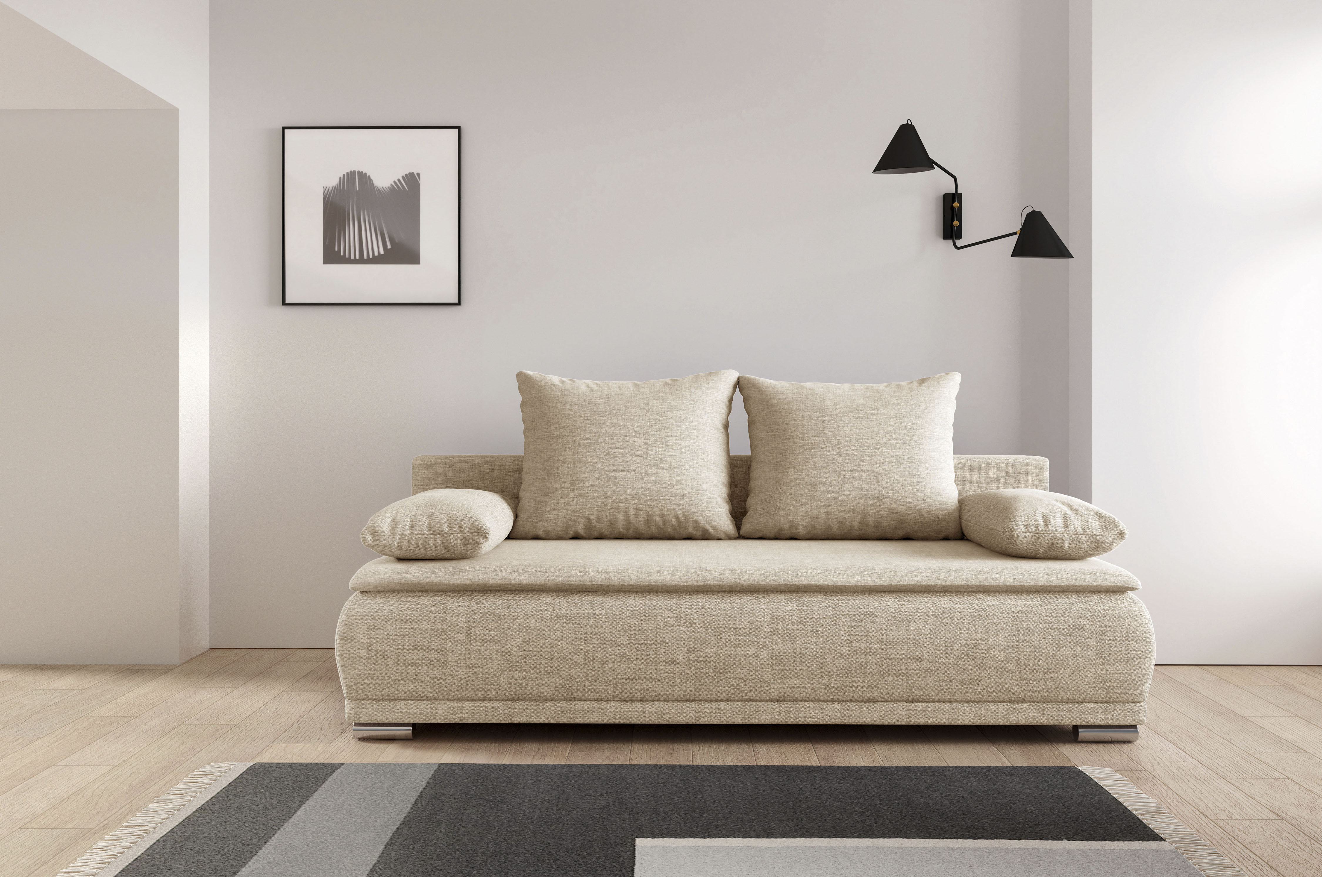 WERK2 Schlafsofa "Biggi 206 cm komfortabel und modern" Struktur fein+weich, Schlaffunktion, Bettkasten