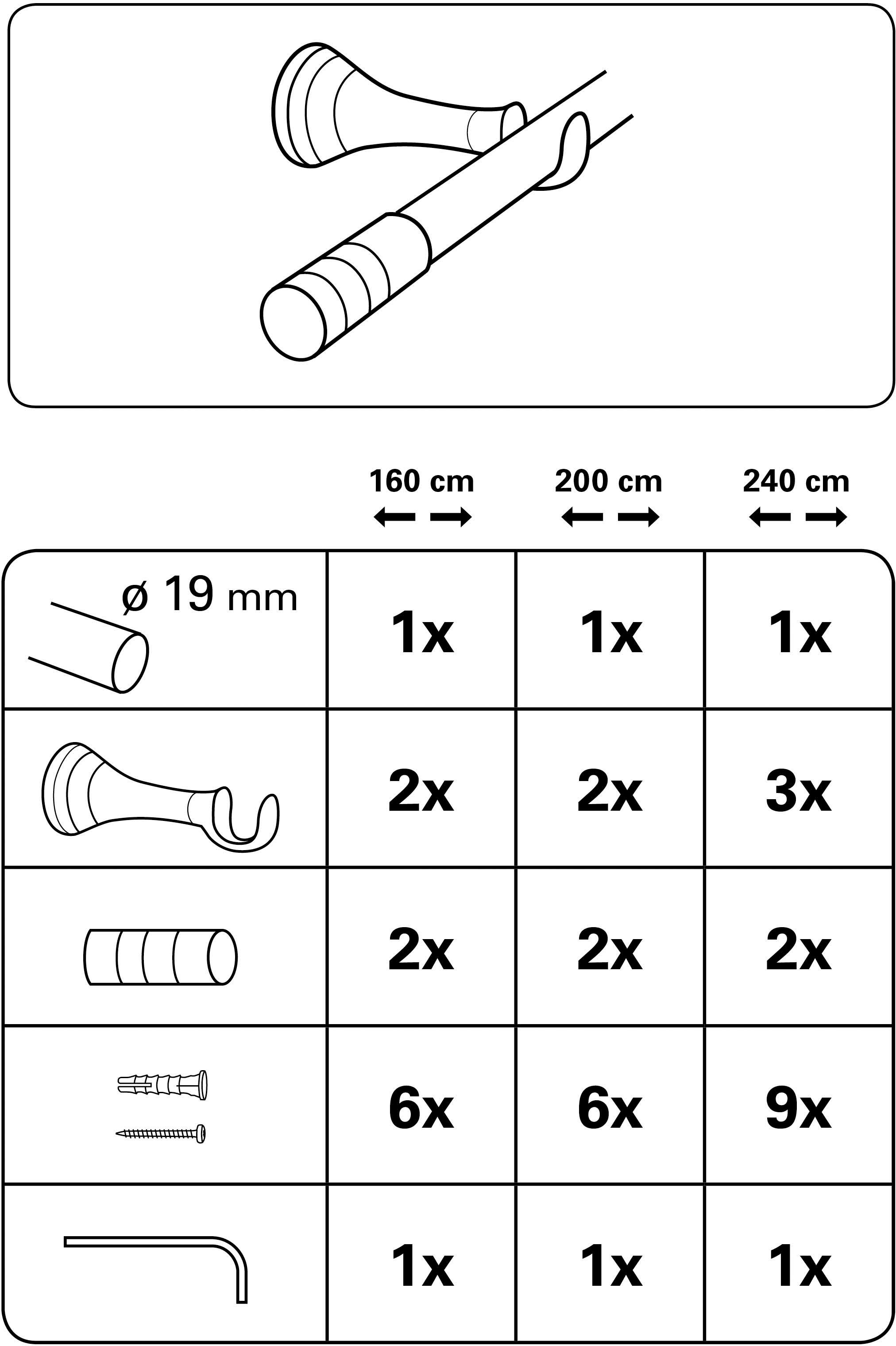 Thumbnail - GARDINIA Gardinenstange "Set Metall" Ø 19 mm 1 läufig-läufig Fixmaß;Endstücke;Gardinenstange;Montageanleitung;Träger 1-L...