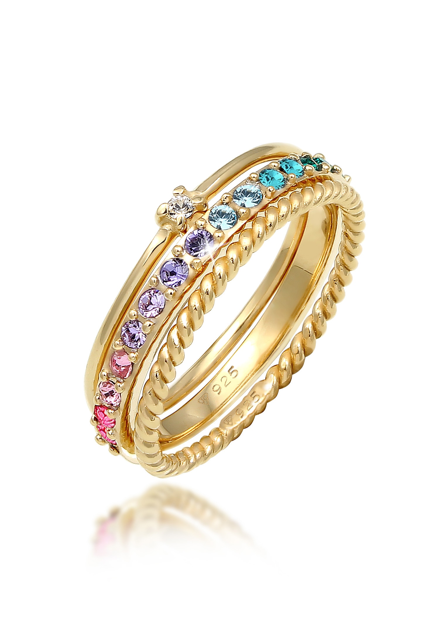 "Ring-Set ELLI ""Ring Kristalle Farbig Regenbogen Set (3 tlg) 925 Silber"" Gr. 62, gold, Fingerringe, Damen, 62,mit Stein, Silber 925
