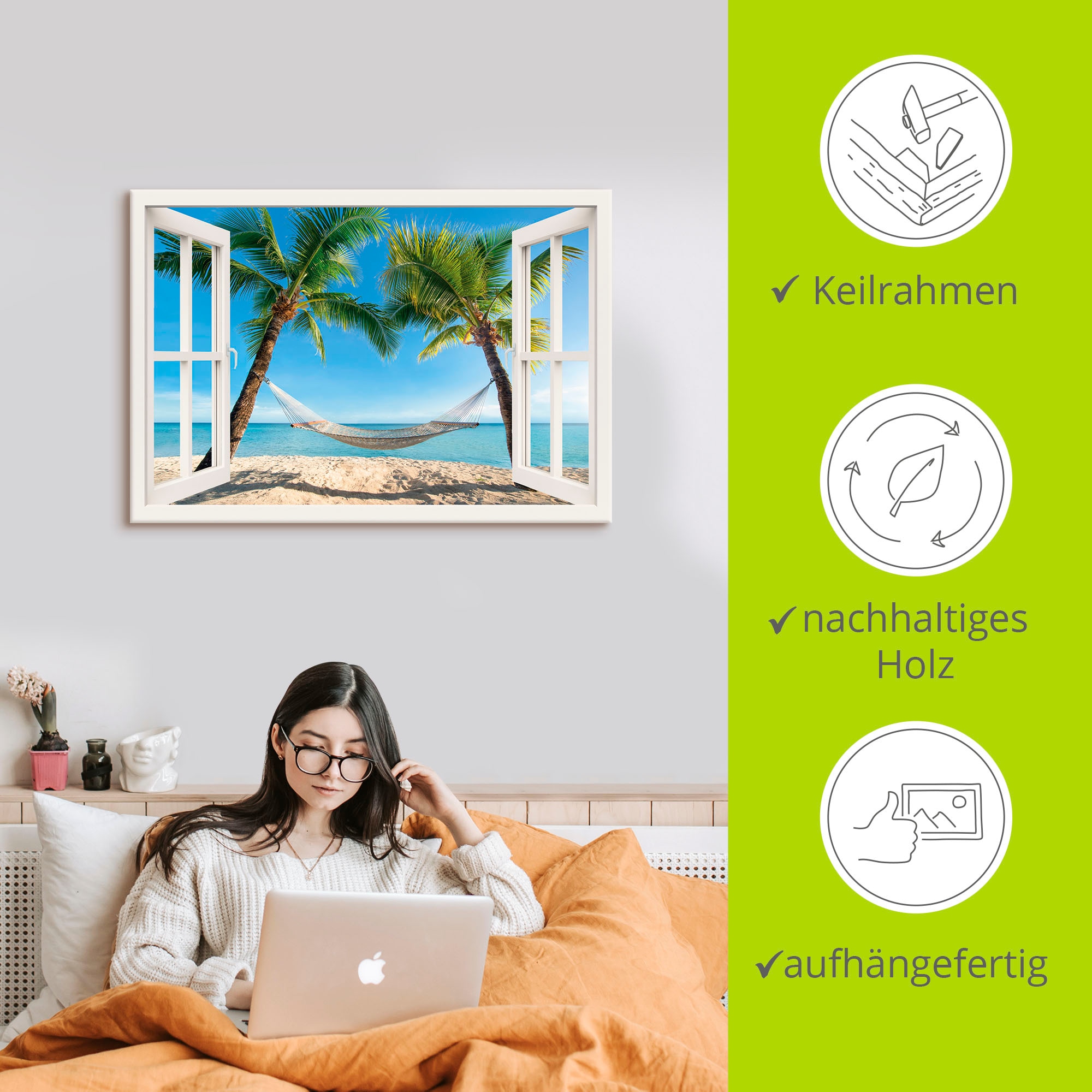 Artland Wandbild »Fensterblick Palmenstrand Karibik«, Amerika, (1 St.), als Alubild, Outdoorbild, Leinwandbild, Poster, Wandaufkleber