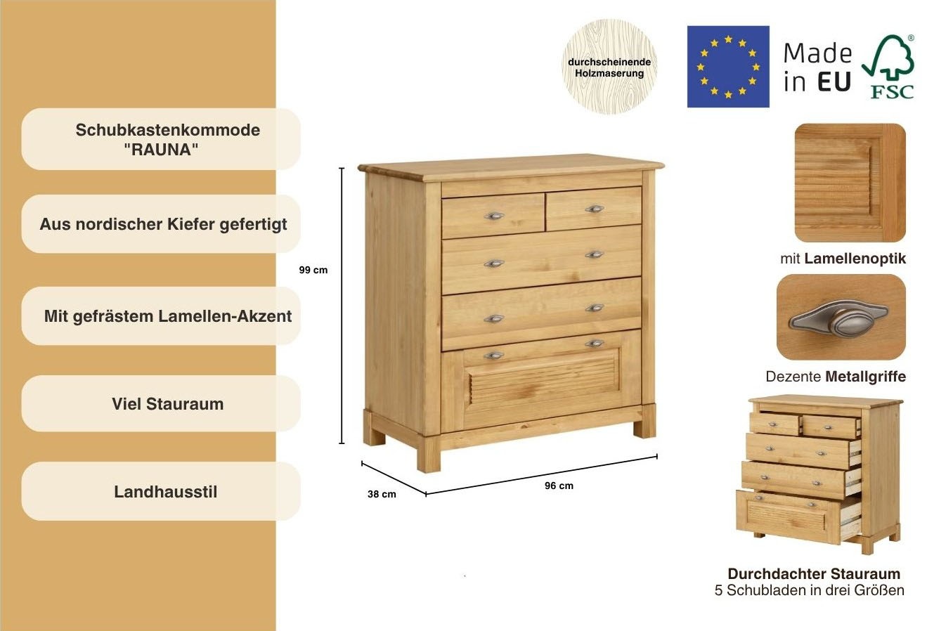 Home affaire Schubkastenkommode »Rauna«, aus massiver Kiefer mit 5 Schubladen, Breite 96 cm