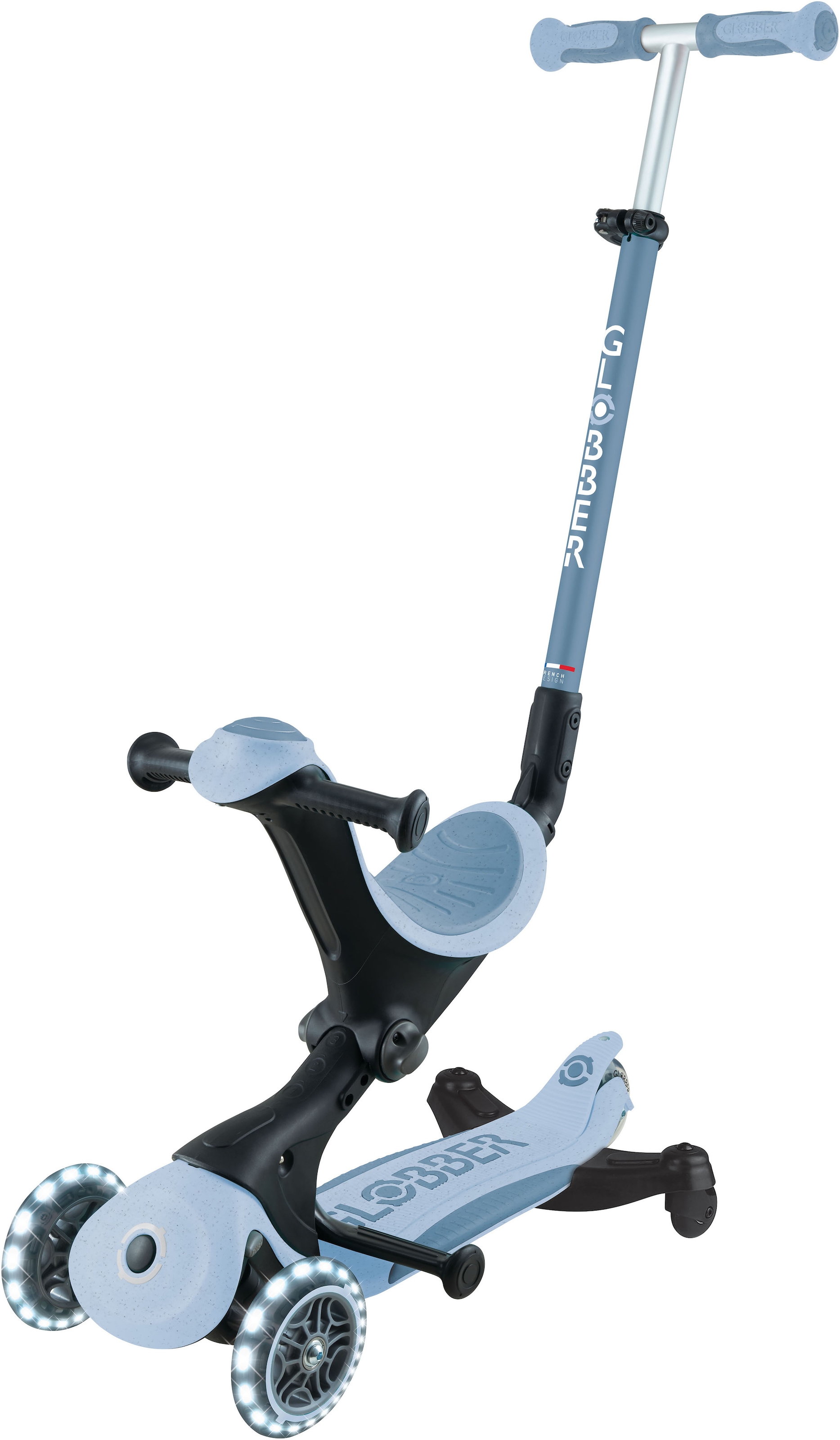 Globber Tretroller »GO-UP DELUXE LIGHTS ECO 360, mit Leuchtrollen« Aufsitzrad mit Schubstange, Laufrad und Scooter