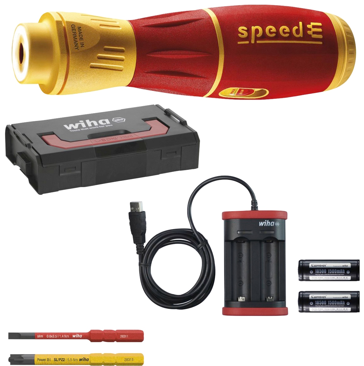 Wiha Schraubendreher "E-Schraubendreher speedE II electric (44318)", (Set), 7-tlg. mit slimBits, Batterien und USB-Ladeg