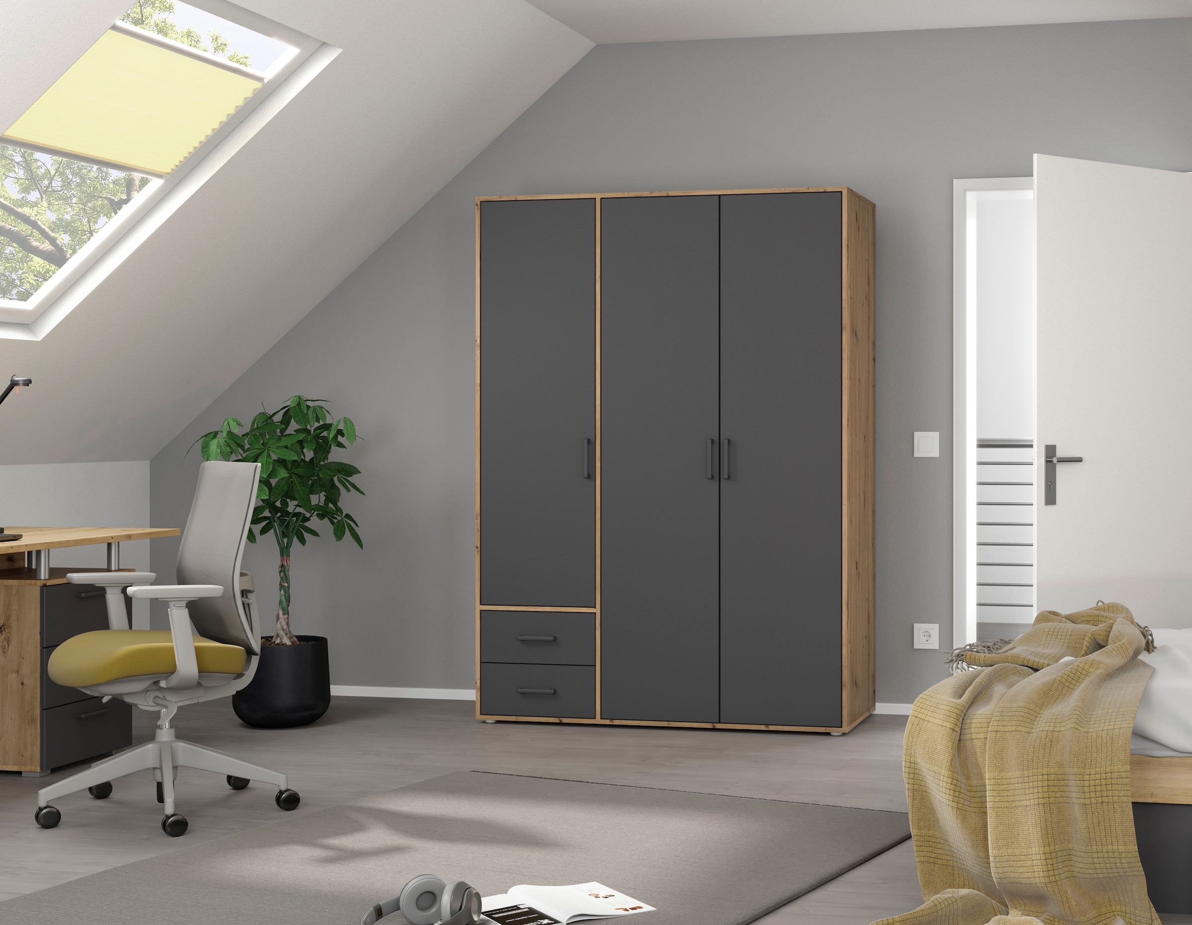 rauch Drehtürenschrank »Kleiderschrank Schrank Garderobe Wäscheschrank VOYAGER«, (in 3 verschiedenen Ausstattungen BASIC/CLASSIC/PREMIUM), moderne Griffe in Graumetallic mit Außenschubkästen MADE IN GERMANY