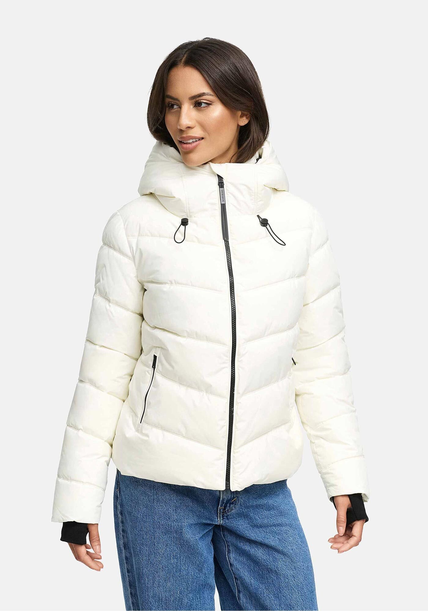 Winterjacke MARIKOO "Yukanii", Damen, Gr. L, sanftes weiß, Obermaterial: 100% Polyester; Futter: 100% Polyester; Wattierung: 100% Polyester; Ärmelfutter: 100% Polyester, Jacken Winterjacke, Kurze Winterjacke mit langen Bündchen und Daumenloch