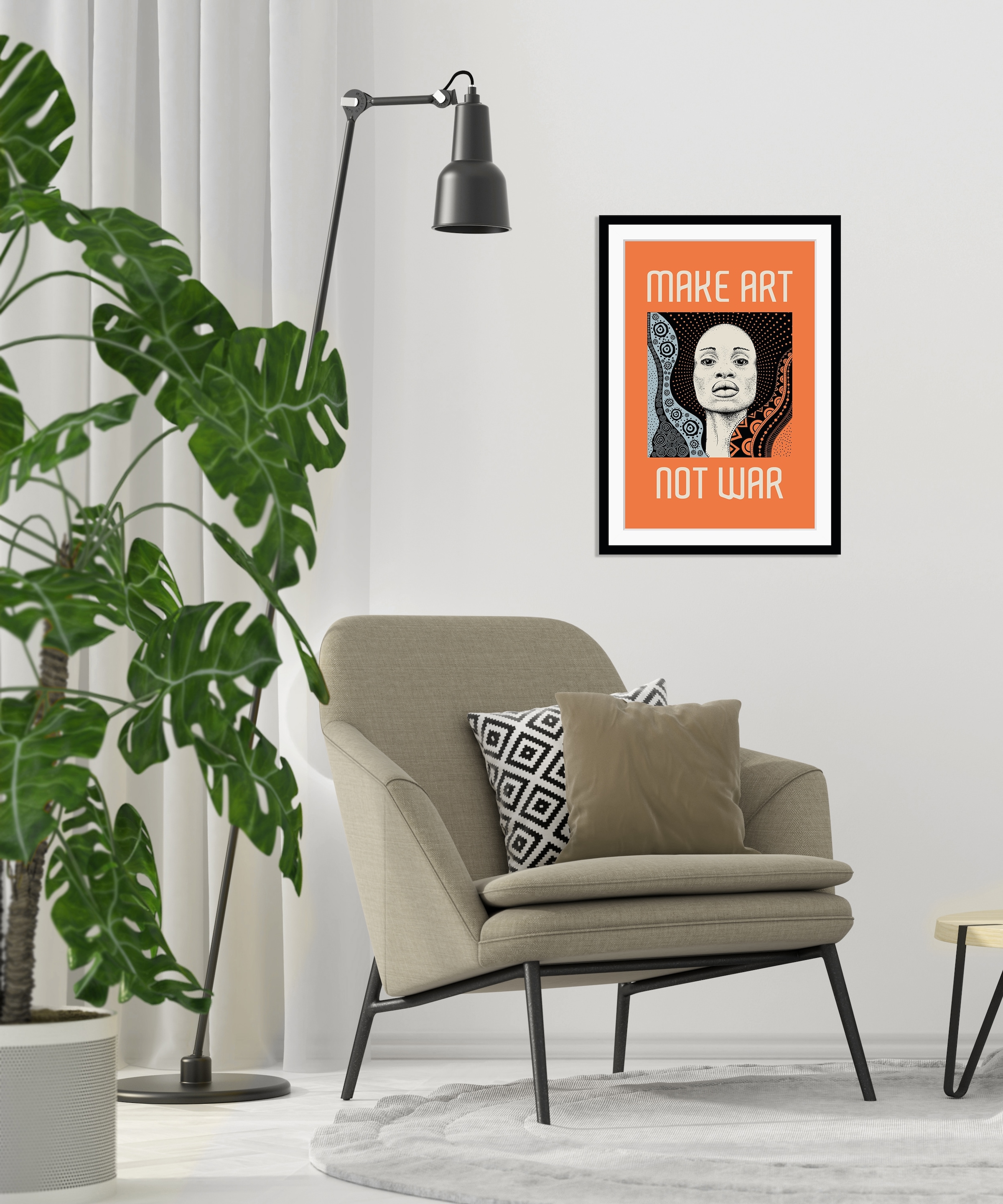 queence Bild »MAKE ART NOT WAR«, Sprüche & Texte-Schriftzug-Kunst-Frau-Figuren-Peace-Zeichen, HD Premium Poster-Druck inkl. Holzrahmen
